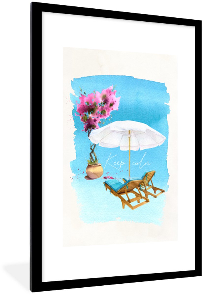 Poster in lijst - Fotolijst 60x90 cm - Posters - Strandstoel - Bloemen - Parasol - Tekenin