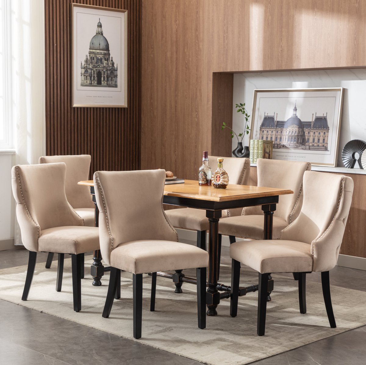 DESMIU Eetkamerstoel - Normale Eetkamerstoel - Set Van 6 - Gecapitonneerde Rugleuning Met Zachte Zitting - Voor Eetkamer - Velvet Beige