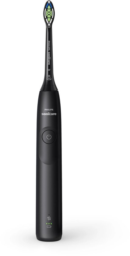 Zwarte Philips Sonicare elektrische tandenborstel met indicatielampjes en een opzetborstel met groene en blauwe accenten.