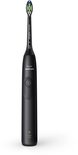 Zwarte Philips Sonicare elektrische tandenborstel met indicatielampjes en een opzetborstel met groene en blauwe accenten.