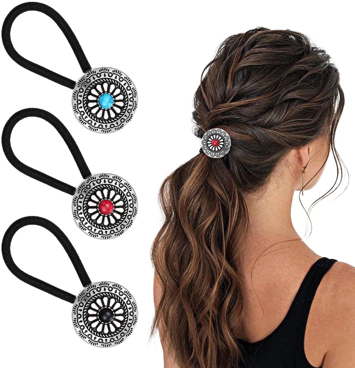 Dailygoods - 3 stuks haarelastiekjes voor dames, paardenstaart-houder in westernstijl, haarelastiekjes, haaraccessoire voor vrouwen, armband, haarelastiek, houder, boho, haarspelden, vintage, turquoise,