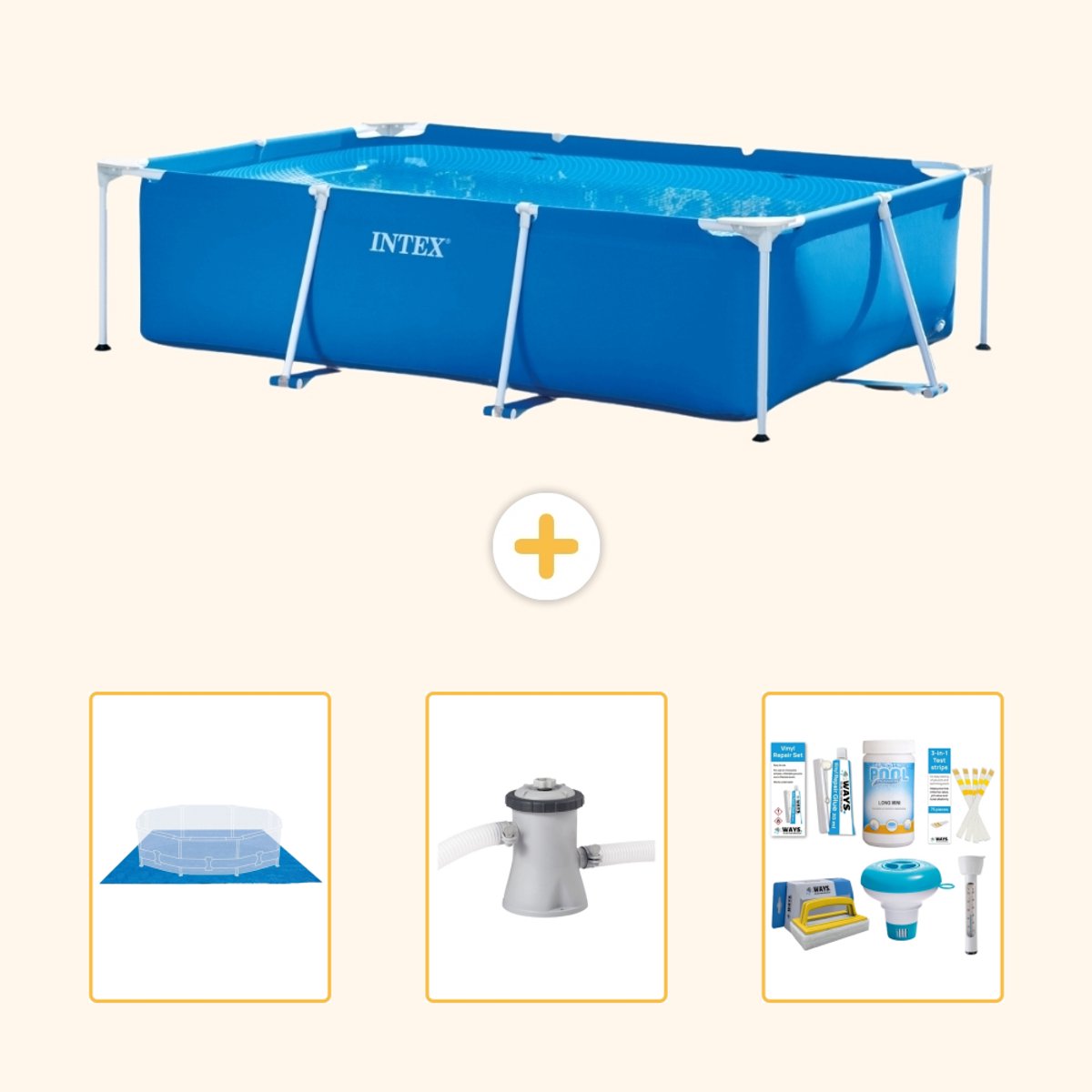 Intex Rechthoekig Frame Zwembad - 260 x 160 x 65 cm - Blauw - Inclusief Grondzeil - Zwembadfilterpomp - Onderhoudspakket - 4-delig