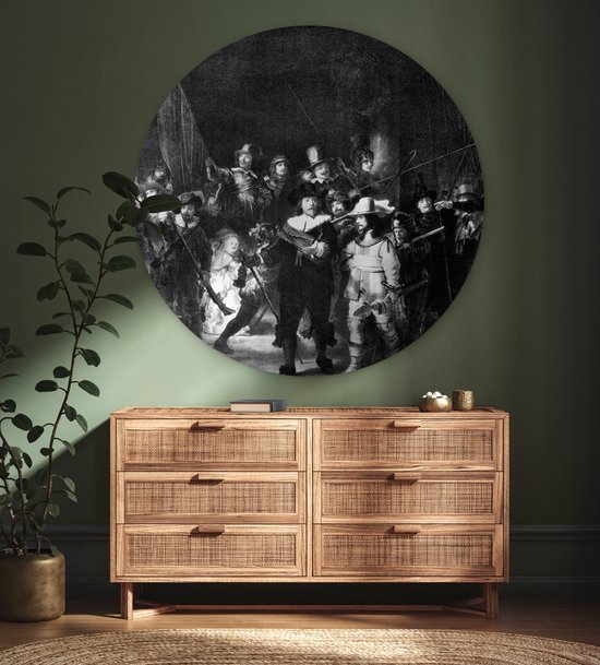 WallCircle® Wandcirkel 150x150 cm - Muurcirkel De Nachtwacht - Schilderij van Rembrandt van Rijn - zwart wit - Muurdecoratie woonkamer - Wanddecoratie slaapkamer - Kamer decoratie accessoires - Ronde schilderijen
