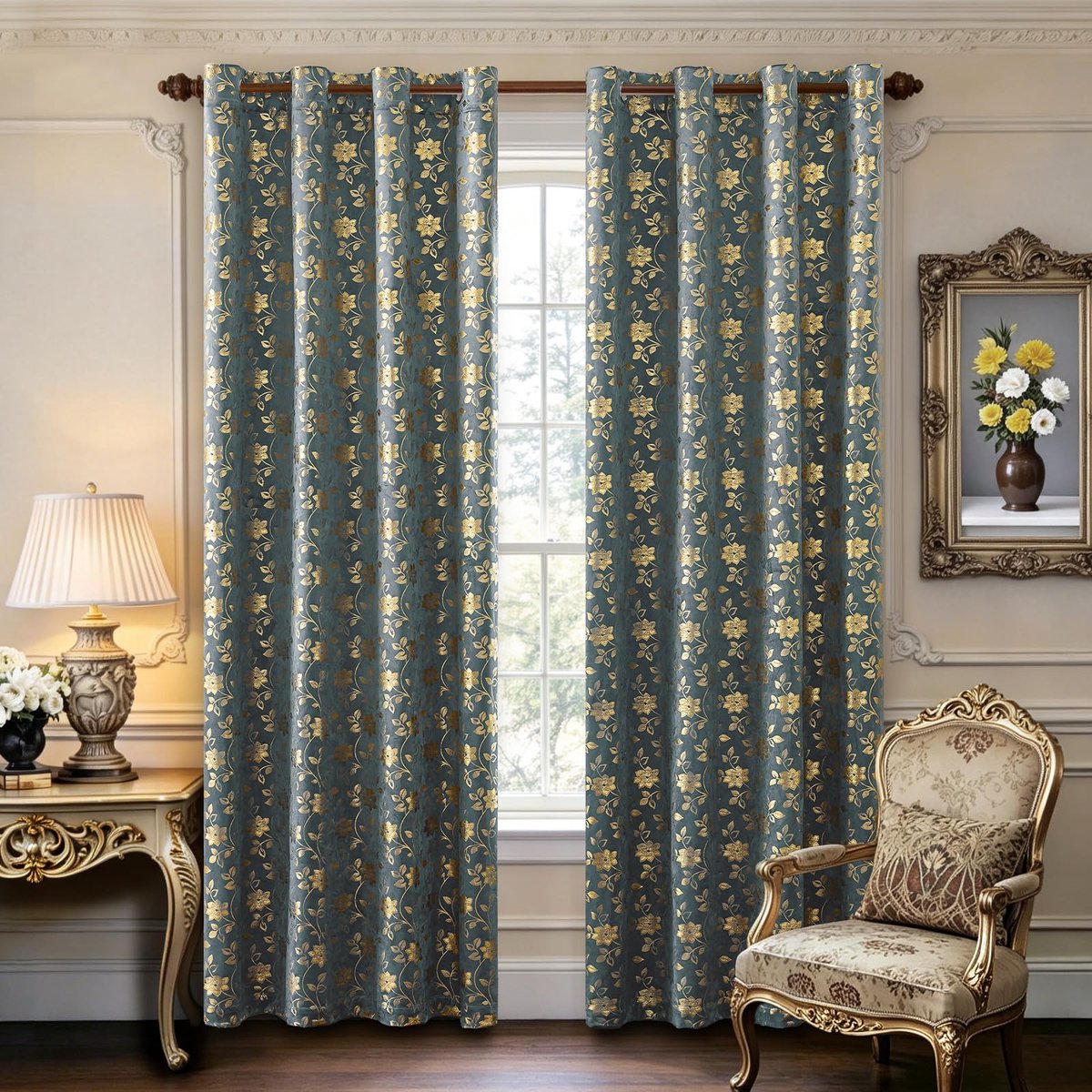 Gordijnen Verduisterend met Oogjes 2 Stuks, 140x245 CM, Retro Elegante Bloemen Verduisteringsgordijn, Isolerend Gordijn Tegen Warmte en Koude, Ideaal voor Slaapkamer en Woonkamer, Donkergroen