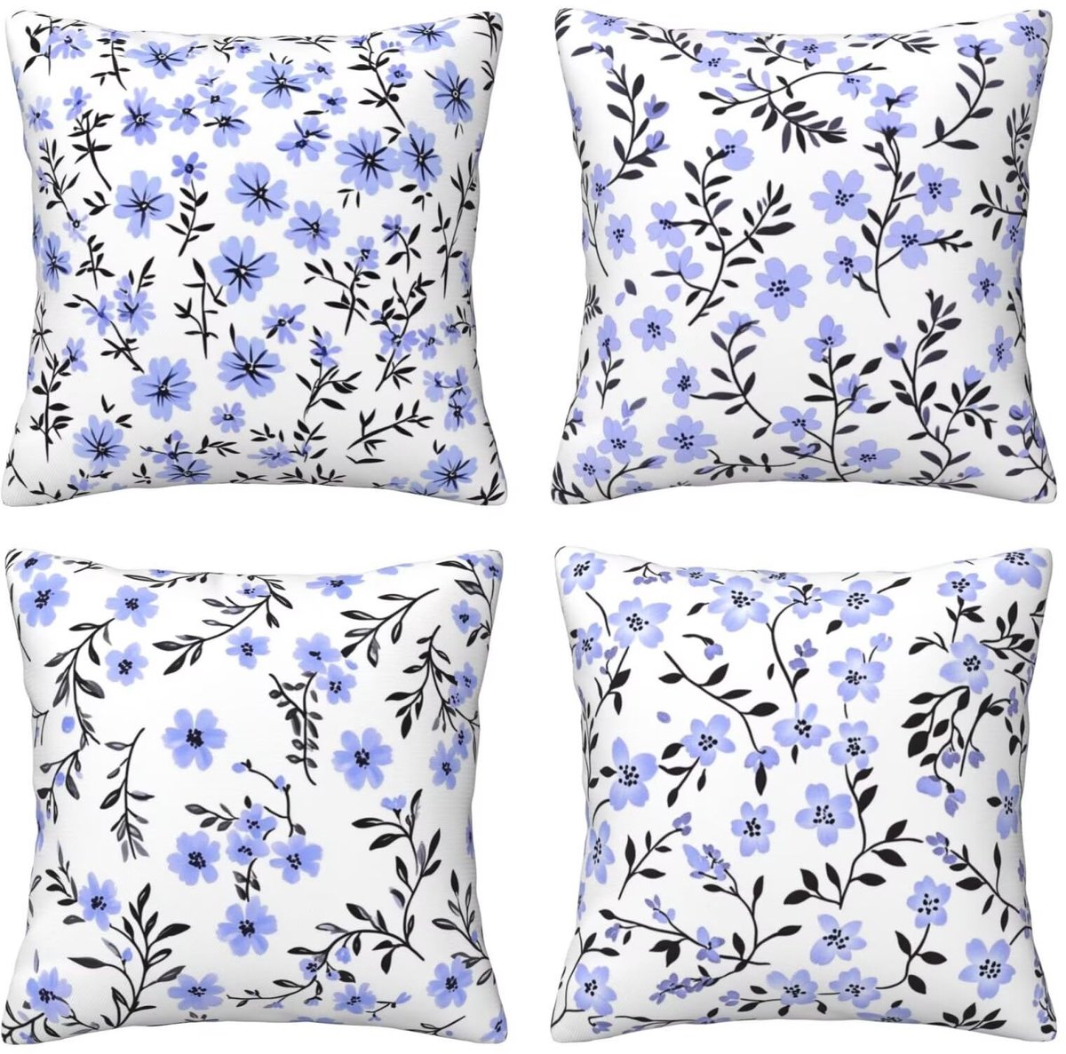 Kussenslopen, 65 x 65 cm, bloemenpatroon, blauw, 4 stuks, vierkant, fluweel, zacht en ademend, decoratieve kussenhoes met verborgen ritssluiting, voor slaapkamer en woonkamer, bank, E8090