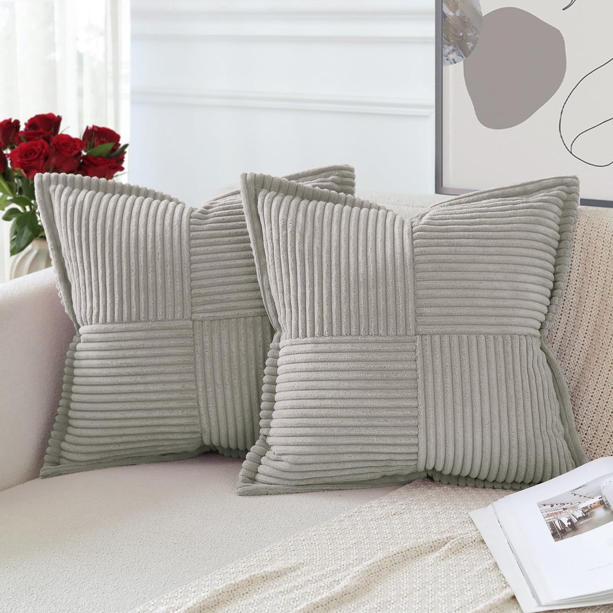 Corduroy kussenhoezen set van 2 moderne patchwork sierkussenhoezen zachte kussensloop brede decoratieve getextureerde kussens voor huisdecoratie bank slaapkamer lichtgrijs 60x60cm