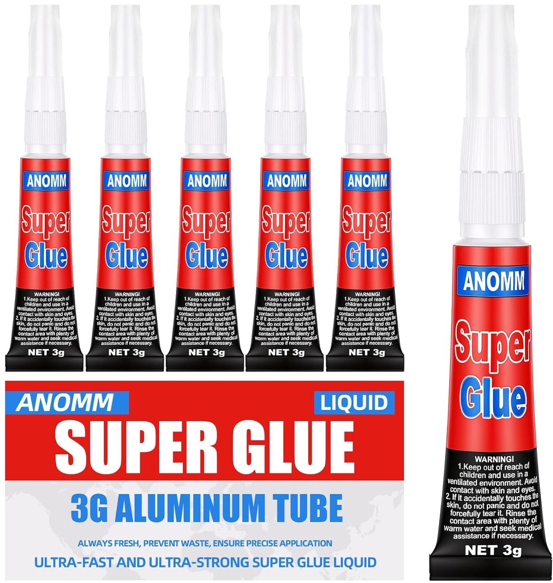 Set van 6 Superlijm Tubes van 3 g - Transparante Universele Lijm voor Plastic, Rubber, Leer, Metaal, Keramiek en Glas, Voorkomt Verstopte Nozzles