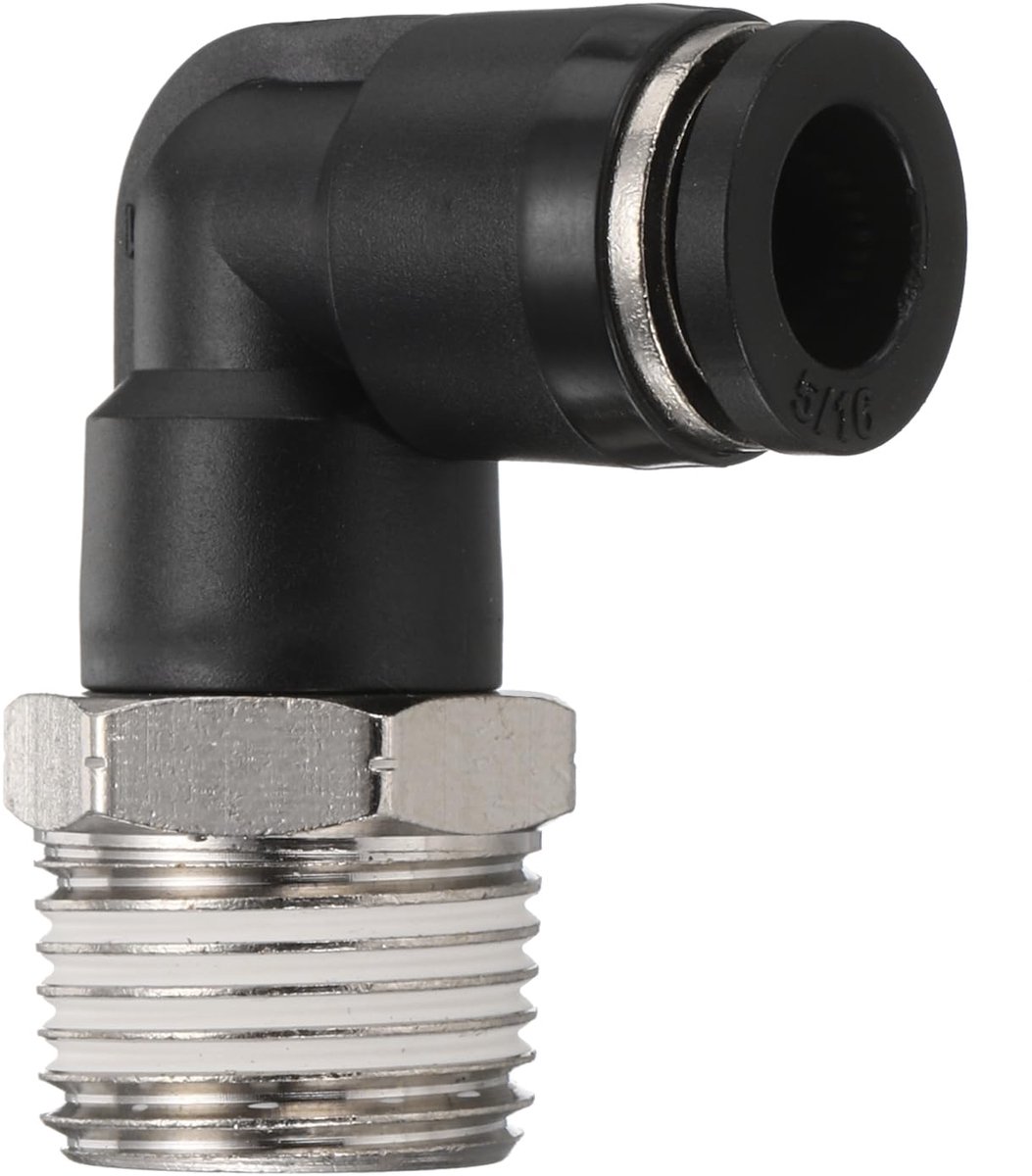 Connectoren voor buis, mannelijk, hoekstuk, 5/16 inch (5/16 inch), buitendiameter x NPT-schroefdraad, 3/8 inch (0,95 cm), snelaansluitset, druksluitstekker, Pl5/16-N03, zwart
