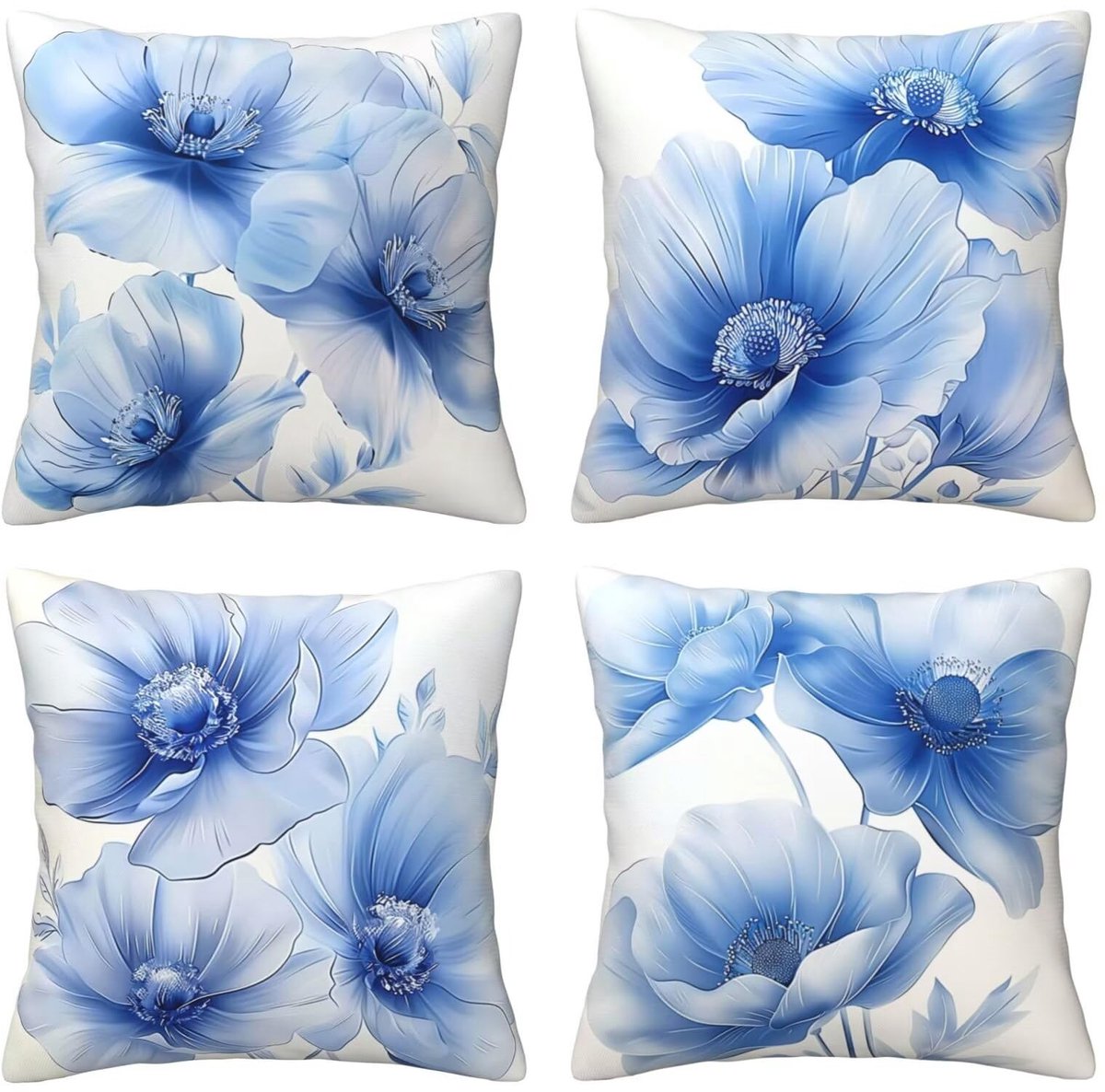 Kussenslopen 65 x 65 cm, blauwe inktbloem, set van 4, vierkant, fluweel, zacht, decoratieve kussenhoes met verborgen ritssluiting, voor slaapkamer en woonkamer, slaapbank, E7994