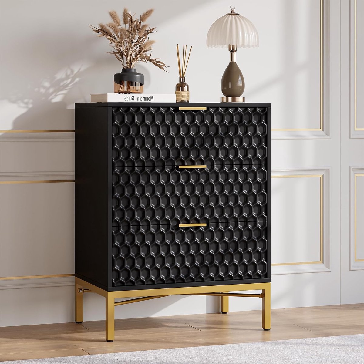 Moderne houten kast met 3 lades – Opbergkast met honingraatpatroon en ruim, breed bovenbla