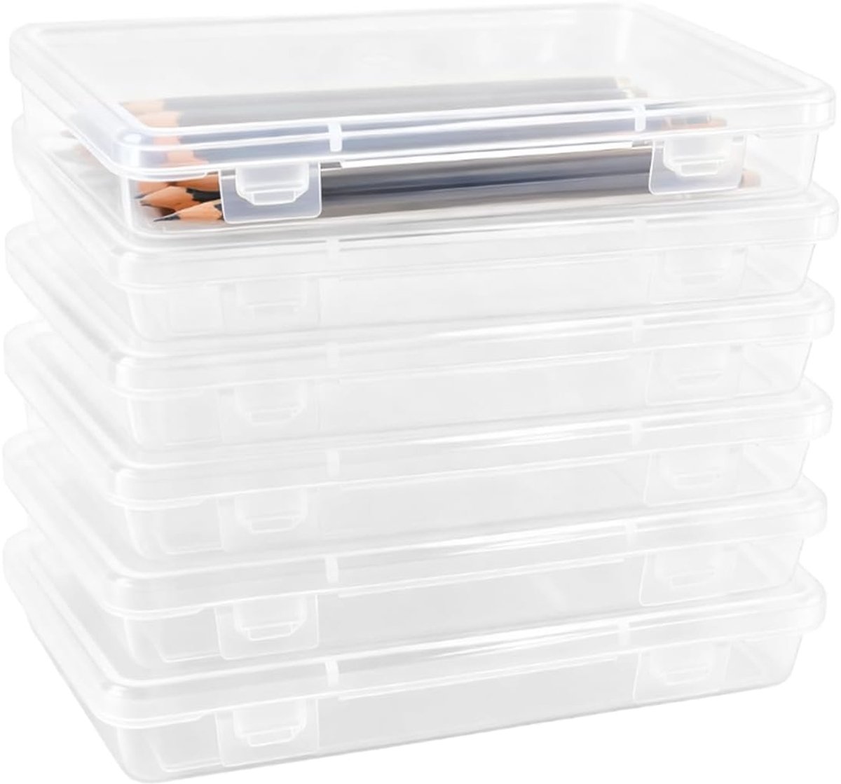 6 Stuks Plastic Potlooddoos met Klapdeksel, Multifunctionele Kunststof Potlooddozen met Kliksluiting, Senza BPA, Doorzichtige Potlooddozen voor Knutselwerk, Penselen, Schrijfwaren, Aquarelstiften