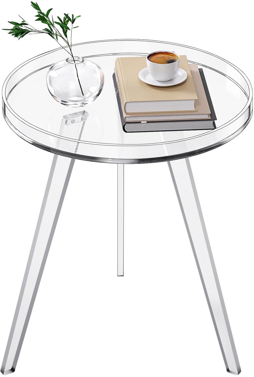 Acryl Bijzettafel, Ronde Eindtafel Nachtkastje Bedtafel Klein Cirkel met Dienblad voor Woonkamer Slaapkamer Kantoor Kleine Ruimte (Helder)