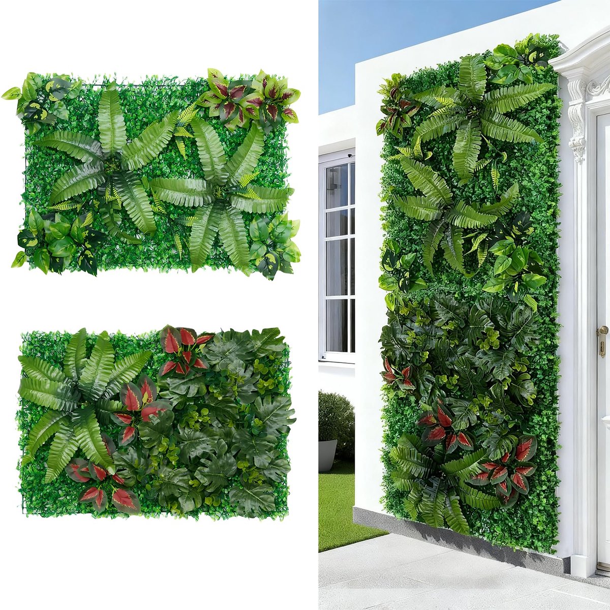 Kunstplantenwand voor wandmontage, voor binnen en buiten, plantenwand, kunstplanten, wandpanelen, decoratieve muur, balkon en tuin, tropisch 60 x 40 cm