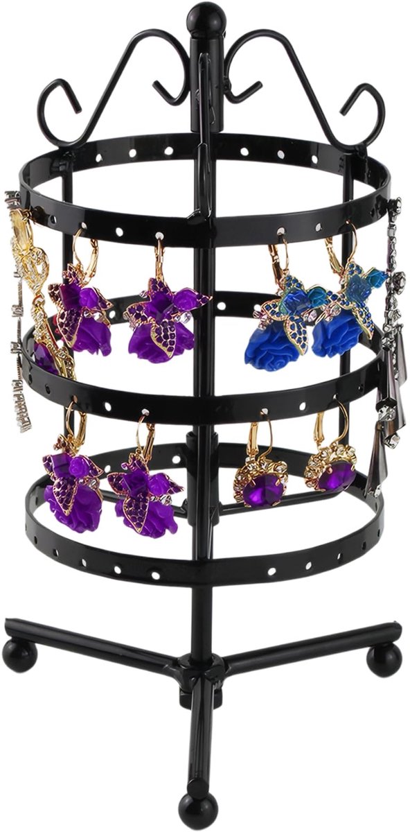 oorbelstandaard 3 etages, draaibaar, voor sieraden, halskettingen, oorbellen, armbanden, capaciteit 72 gaten voor 36 paar (zwart)