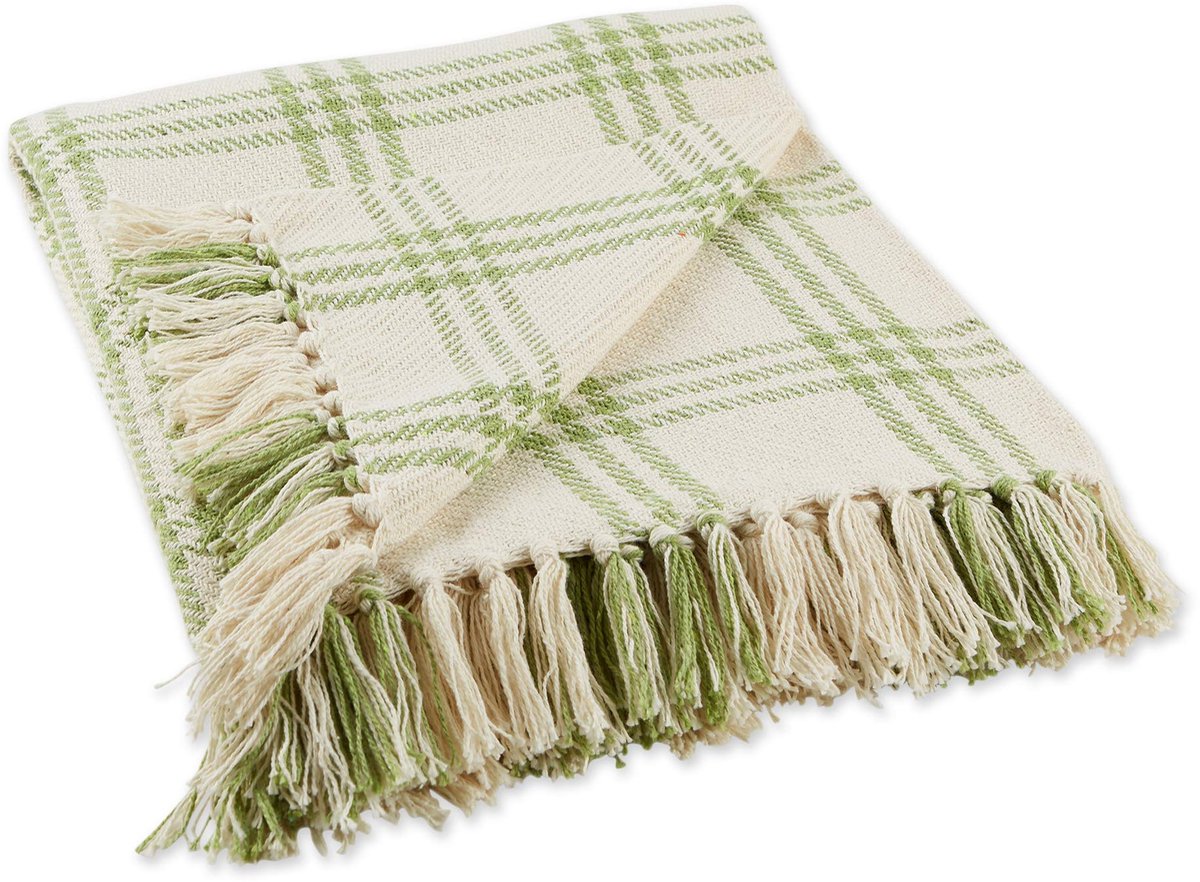 Moderne boerderij geruite collectie katoenen franje plaid deken, 50x60, wit/antiek groen