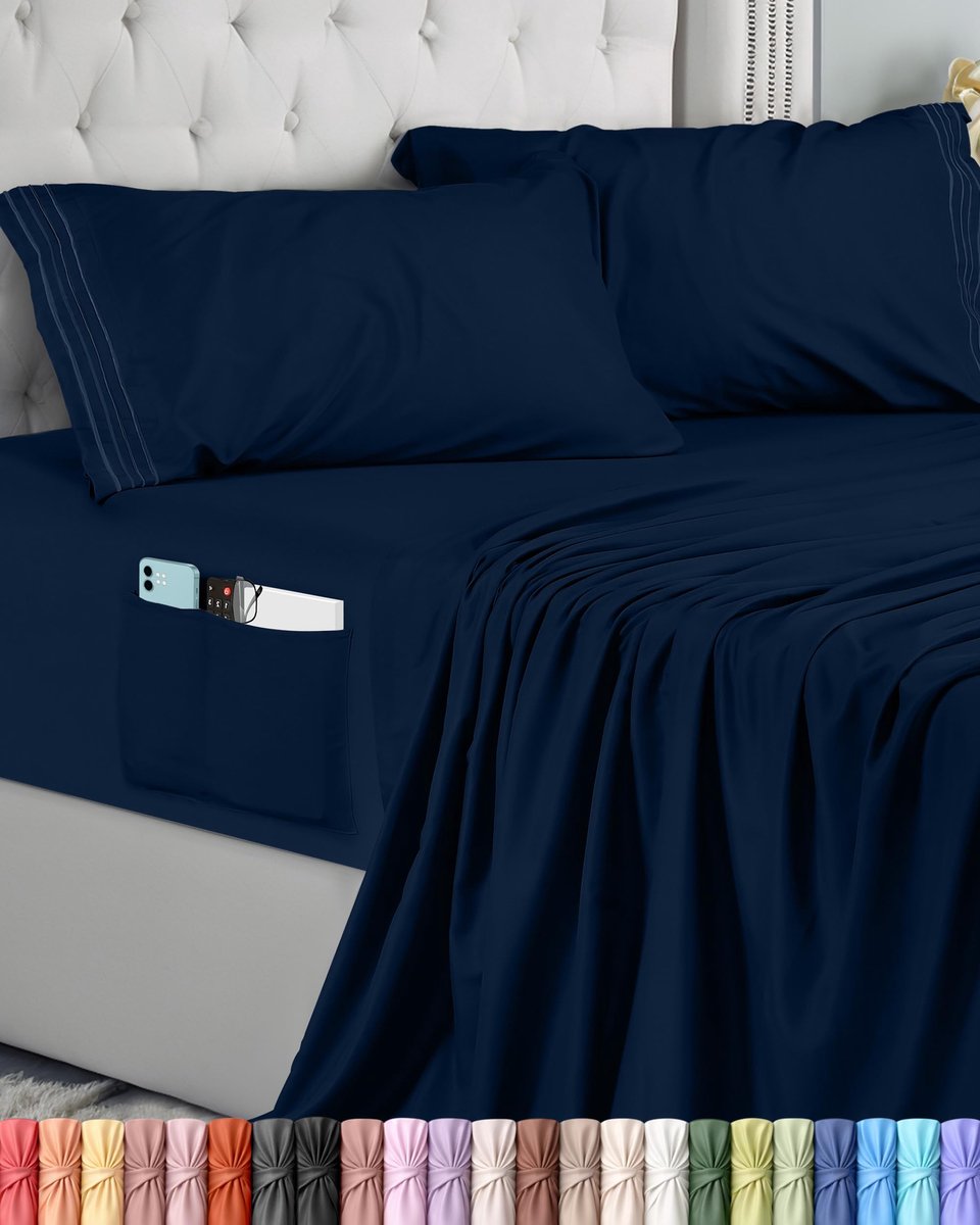 Bedding 4-Delige Geborduurde Lakenset (Voor Bedmaat 180 x 200 cm, Marine) - Geborsteld Microvezel Polyester,1 Vlakke Laken, 1 Hoeslaken met 2 Geborduurde Kussenslopen 50 x 75 cm