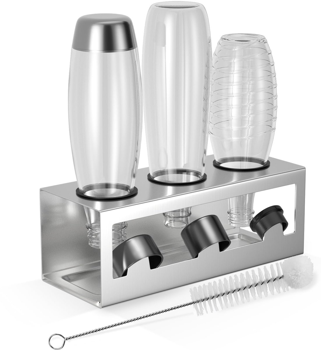 Stalen flessenhouder voor SodaStream Crystal en Emil flessen, afdruiprek voor 3 flessen, met siliconen beschermringen, lekbak en dekselhouder, zilver