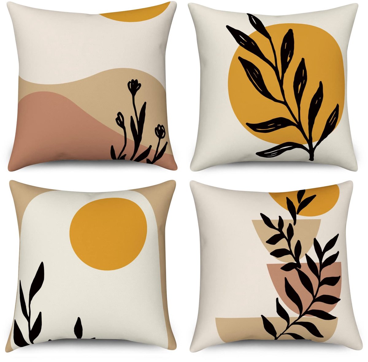 kussenslopen 45 x 45 cm, set van 4, Hnmdmyi abstracte bladplant zon berg decoratieve kussenhoezen minimalistische geometrische moderne esthetische linnen kussenslopen voor slaapbank buiten woonde