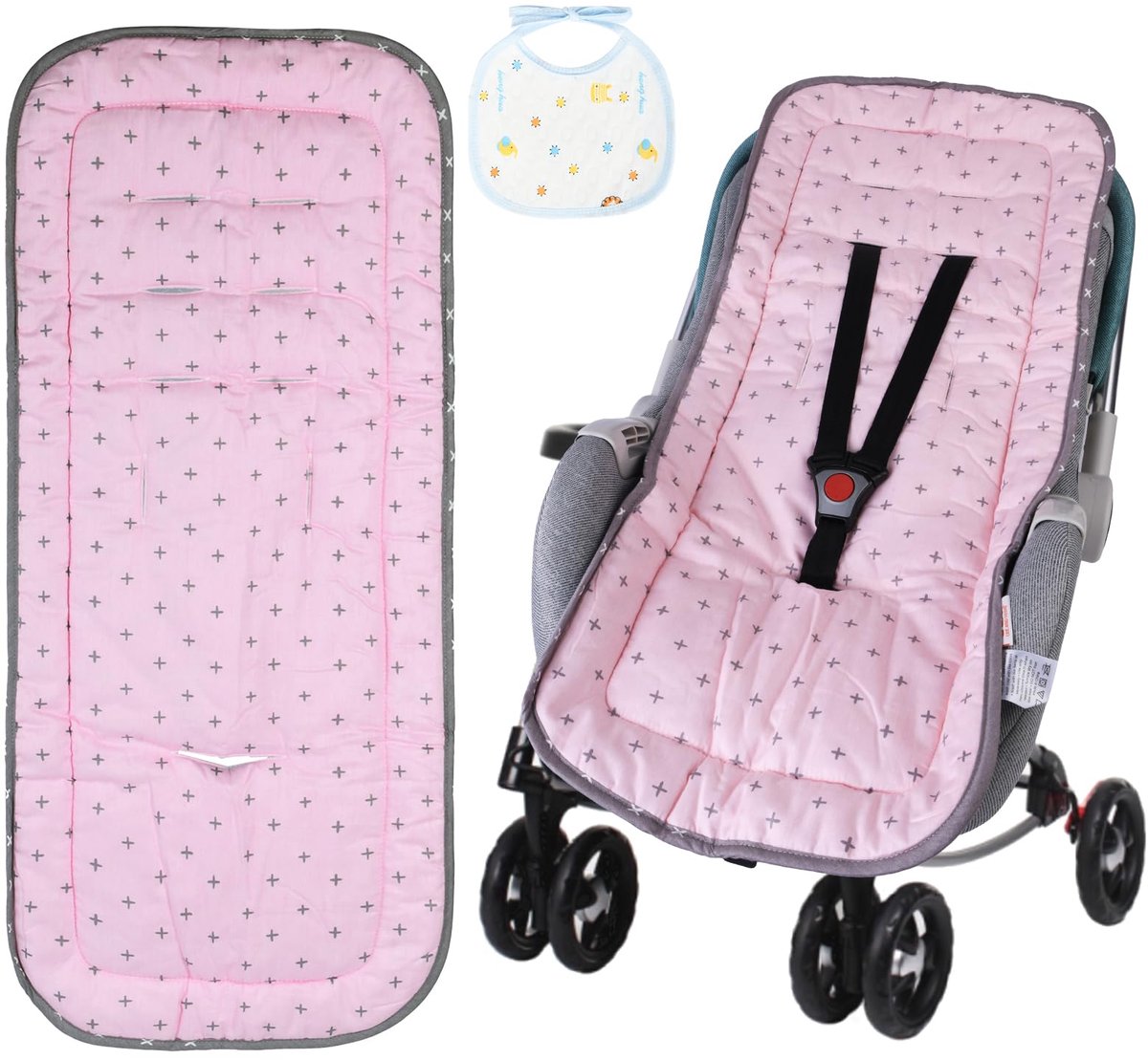 Kussen, Omkeerbare Kinderwagen Liner met Slabbetjes, Universele 100% Katoenen Kinderwagen Liner Kinderwagen Zitkussen, Ademende Buggy Zitkussen, Wasbare Warme Baby Zitmat