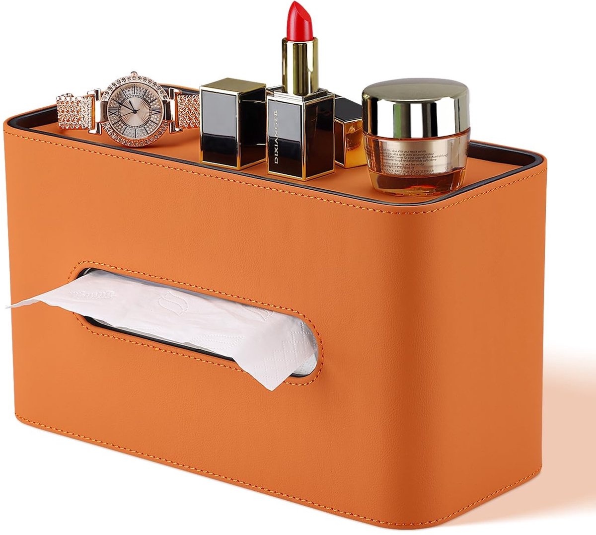 Dailygoods - GORESE Tissuebox, leer, rechthoekige cosmeticadoekjesdoos, papieren zakdoekhouder, tissuedoos voor kantoor, thuis, auto, badkamer (oranje)