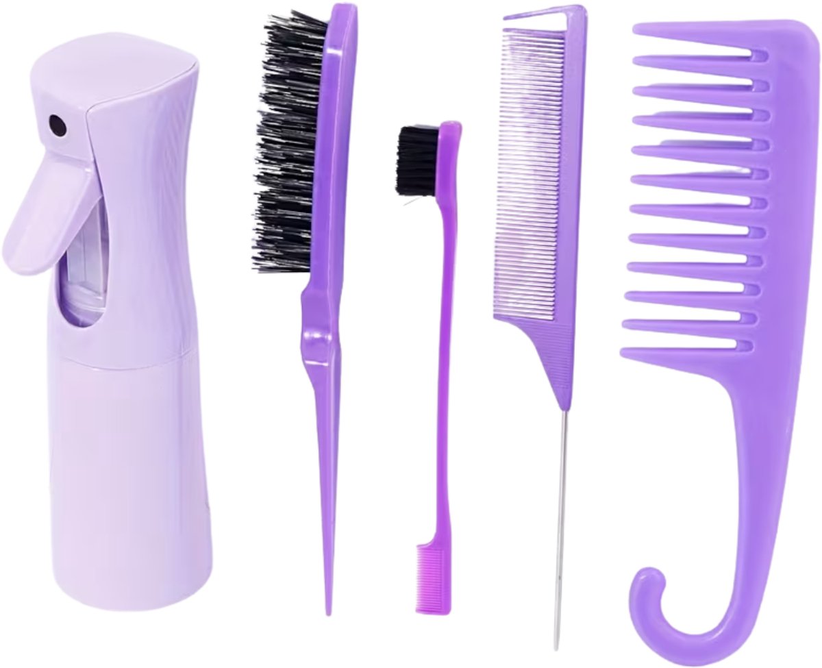 FA-VE Slick Back Set – 5-delige Haarstyling Set met Sprayfles – Slick Back Brush – Toupeerkam – Stylingborstel – Baby Hair Borstel – Paars
