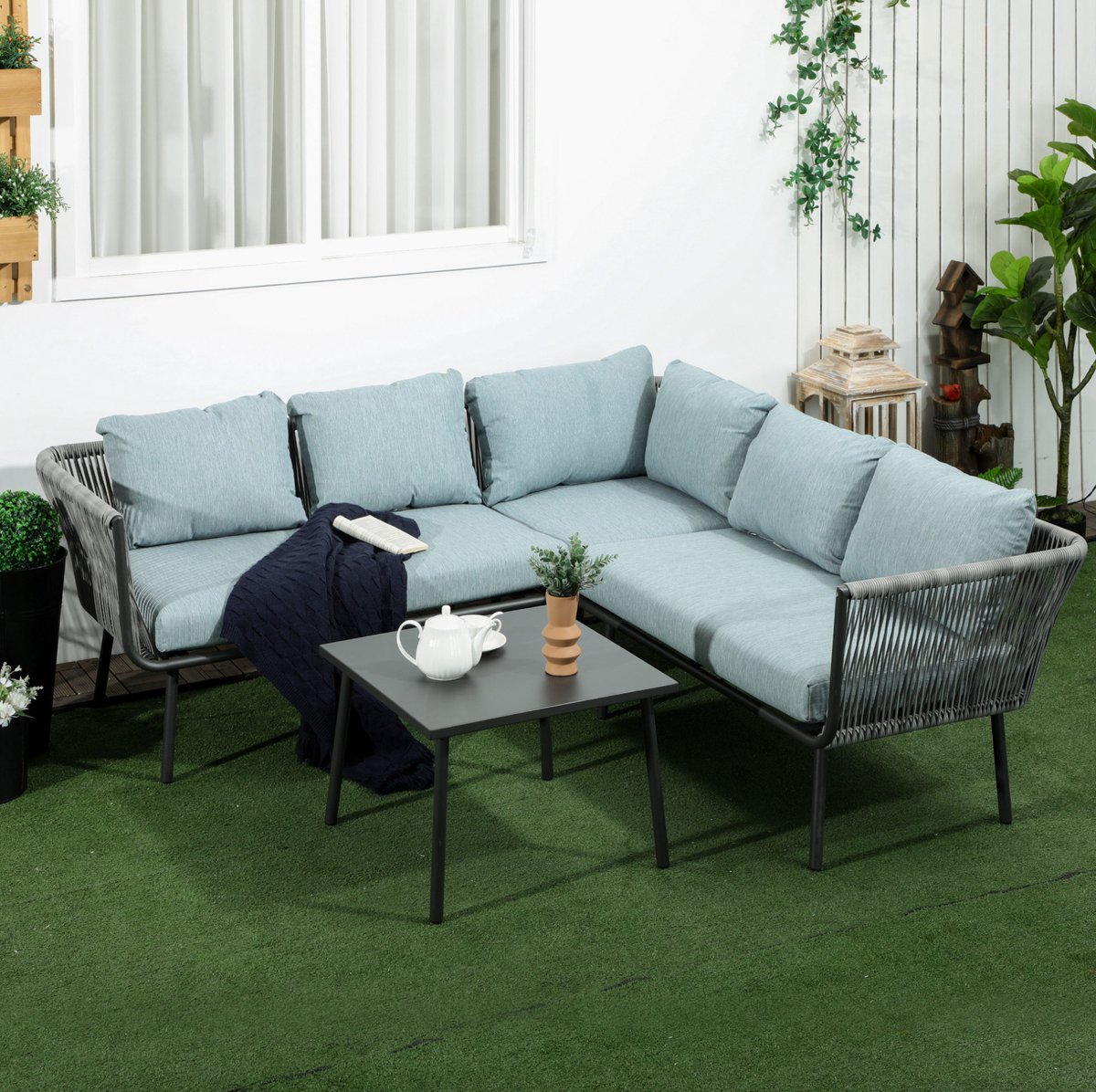 Loungeset 191 x 191 cm - Modulaire Hoek Loungeset Met Kussens En Vierkante Tafel - Voor Balkon, Terras En Tuin - Aluminium Grijs