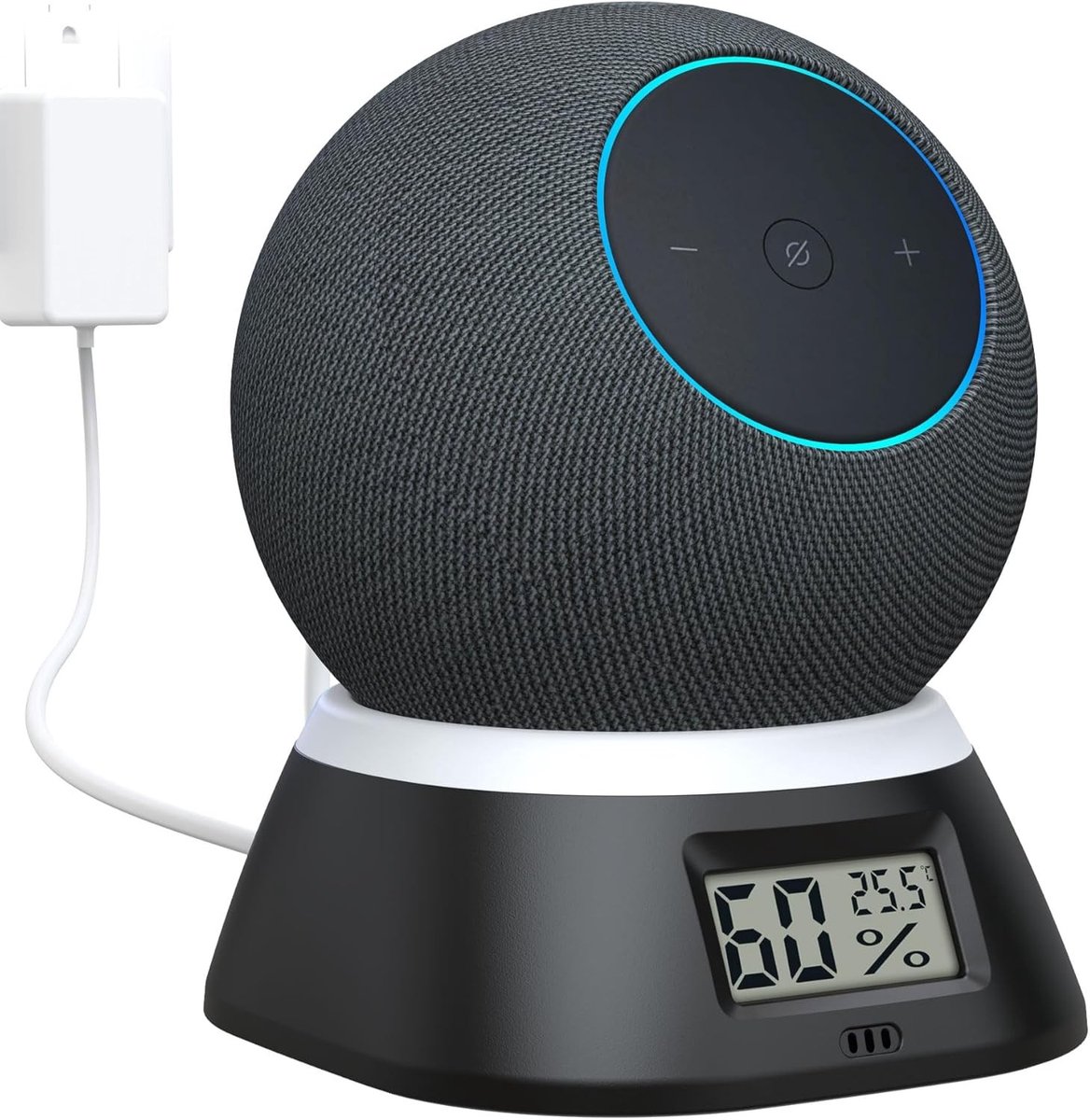 Praktische Desk Stand voor Smart Speakers met Thermometer en Hygrometer - Kabelbeheer voor Slaapkamer, Woonkamer en Kantoor (Zwart)