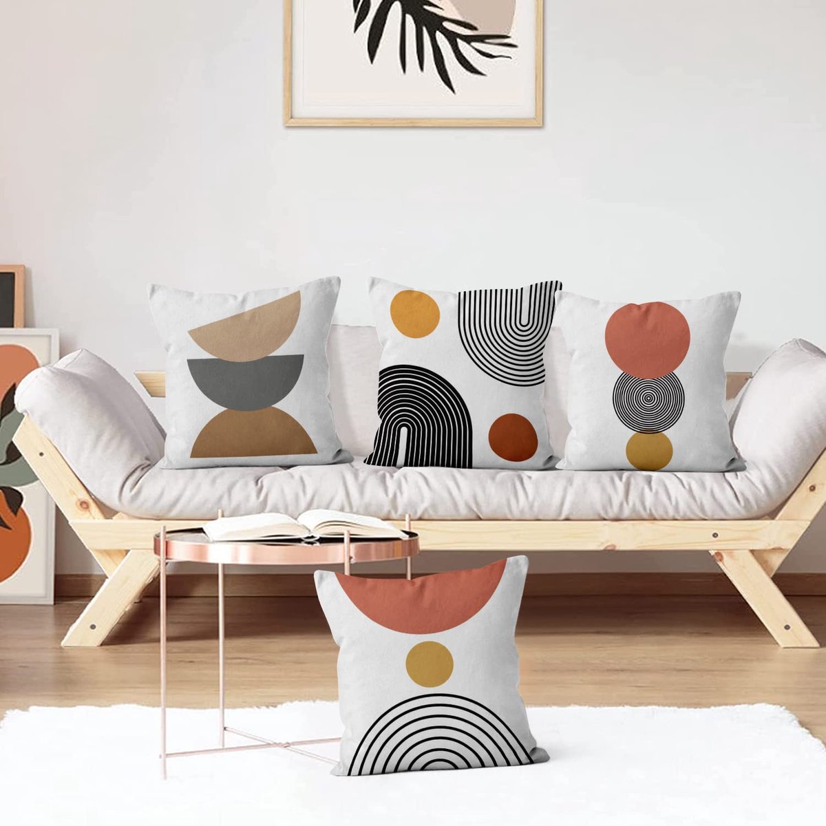 kussenhoezen 40 x 40 cm, set van 4, midden eeuw, abstracte geometrische cirkelstreep decoratieve kussenhoezen moderne minimalistische linnen kussenslopen voor sofa, bank bed, outdoor home decor