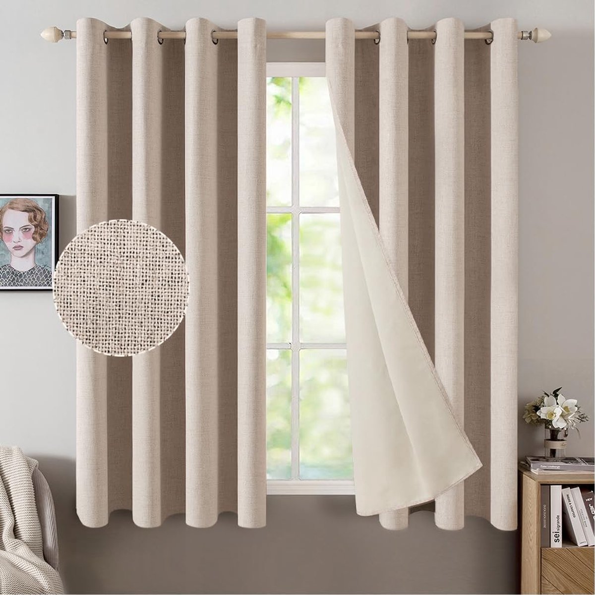 Ondoorzichtige gordijnen, kort, warmte-isolerende gordijnen met inslagringen, 100% ondoorzichtig, linnenlook, gordijnen, kort, woonkamer, koudebescherming, verduisteringsgordijn, set van 2, 140