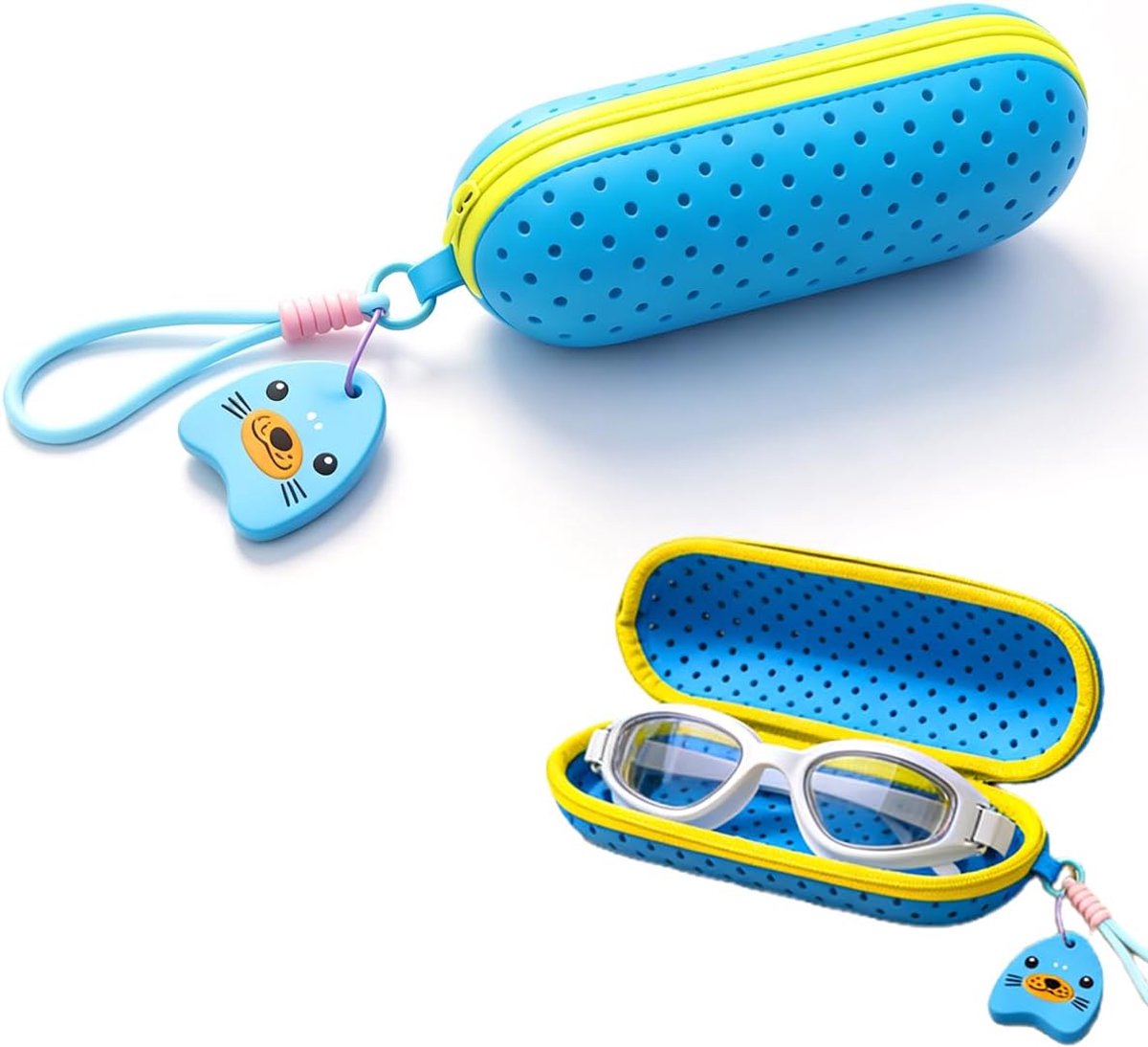 etui voor zwembril, blauw, 1 stuk, EVA, schokbestendig, voor brillen en zonnebrillen met karabijnhaak en afvoergaten, sneldrogend, uniseks