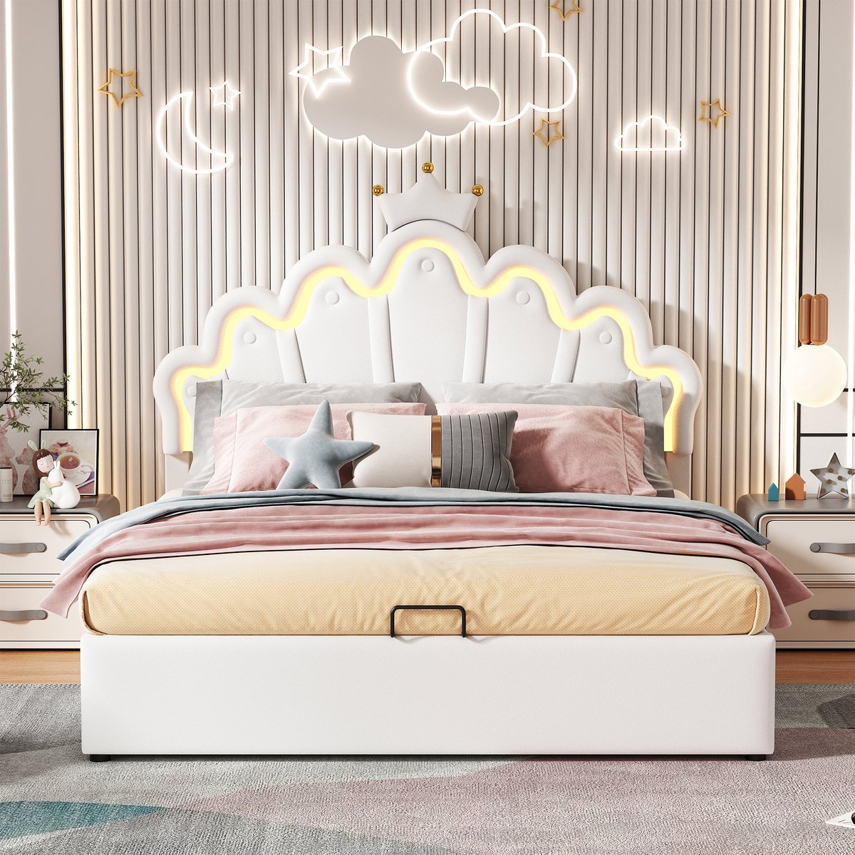 DESMIU Gestoffeerd Bed 140x200cm Zonder Matras – Bed Met Verstelbare Sfeerverlichting – Opbergbed Met Hydraulisch Mechanisme – Prinsessenstijl – Wit
