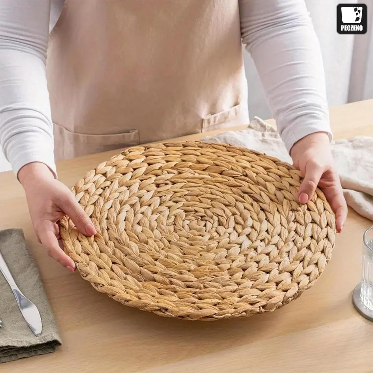 Set van 12 ronde zeegras, afwasbaar, placemats, boho placemats, ideaal voor Kerstmis, bruiloft, keuken, feest, hittebestendig, 35 cm, afwasbaar, naturel