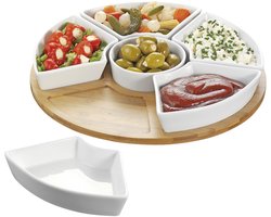 Draaibaar dienblad wit porselein 6 schalen bamboe 34 x 34 x 65 cm - Caterado SUSAN