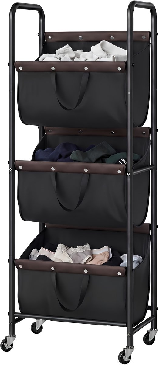 JCP® Wasmand - 120L - Wasmand 3 Vakken - Wasmanden - Zwart - 53cm x 33cm x 139cm