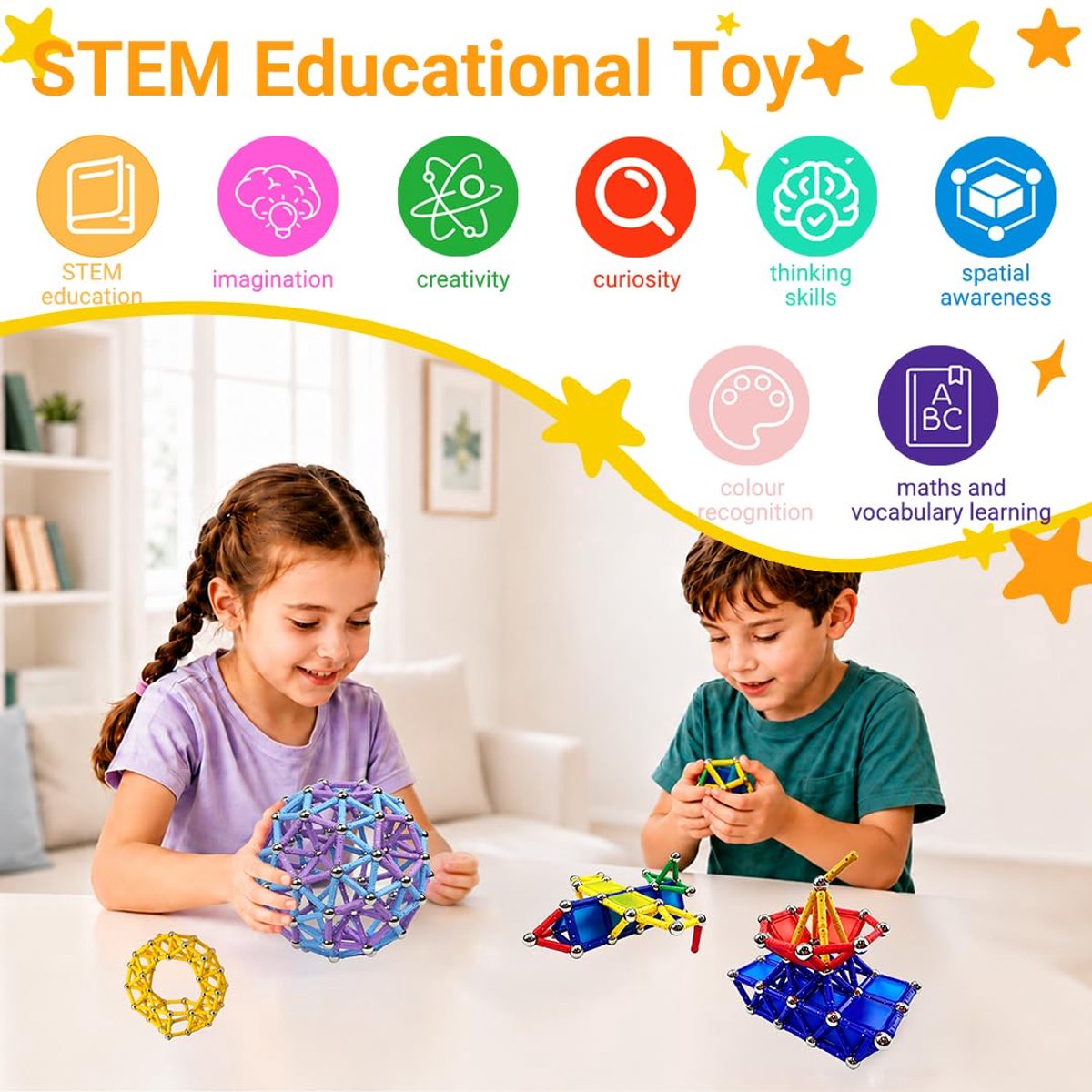 Bouwstenen, Magnetische Staafjes STEM-set voor Kinderen vanaf 6 Jaar, 3D-puzzel Magnetische Bouwstenen Constructiespel Bouwset, Cadeau voor Jongens en Meisjes (168pcs)