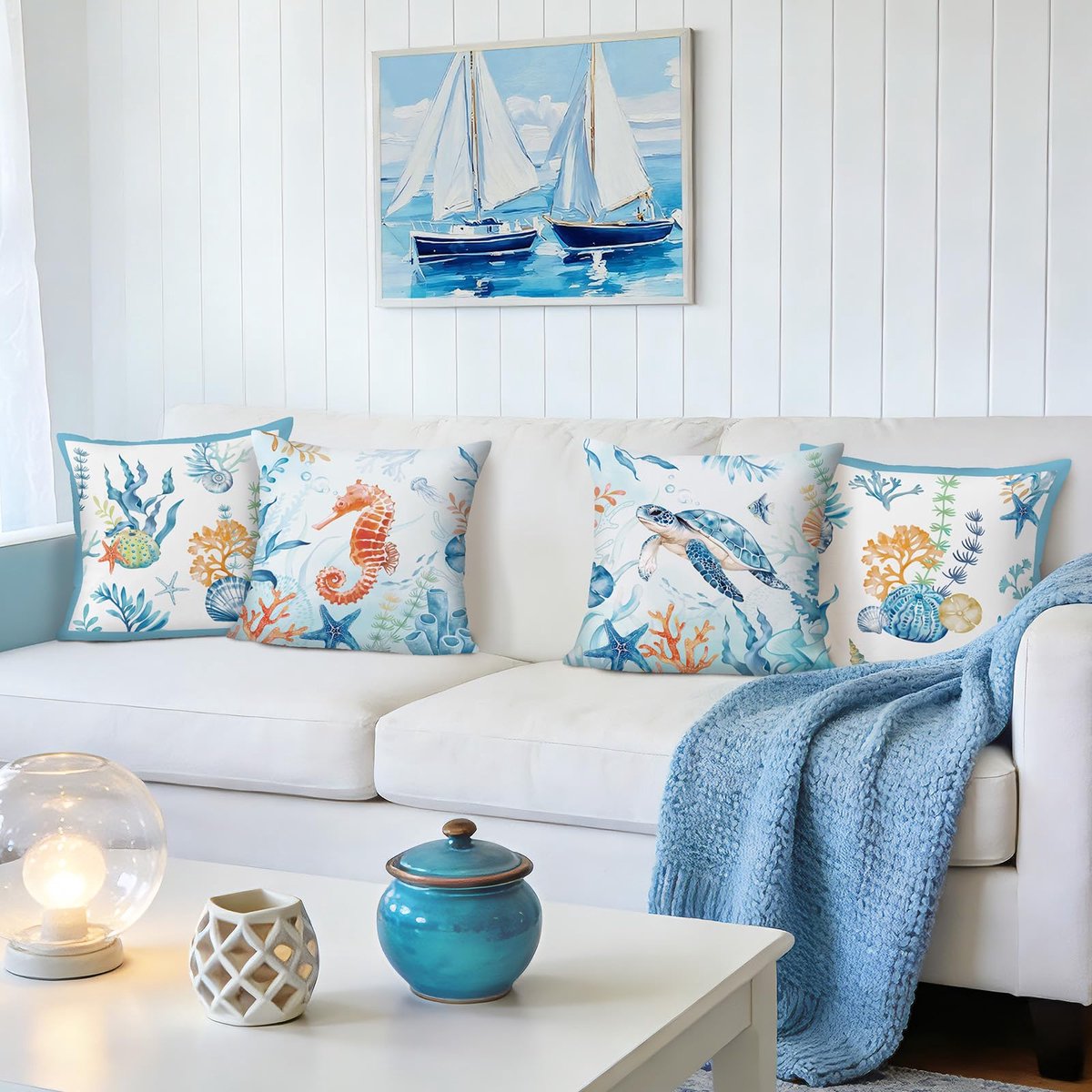 Kustkussenhoezen 45 x 45 cm oceaan strand thema zeeschildpad zeepaardje zeester zeeleven zomer boerderij decoratieve kussenhoezen voor buiten bank slaapbank bed woondecoratie set van 4