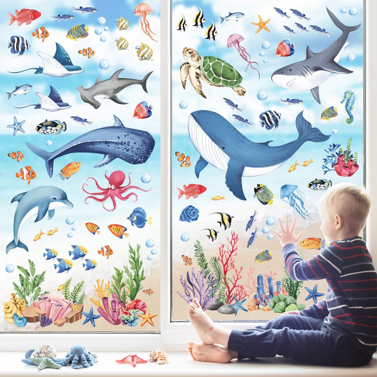 decalmile Onder De Zee Vissen Dubbelzijdige Vensterklampt Zomer Oceaan Dieren Zeewier Walrus Venster Stickers Anti-Collision Glas Venster Deuren Venster Stickers