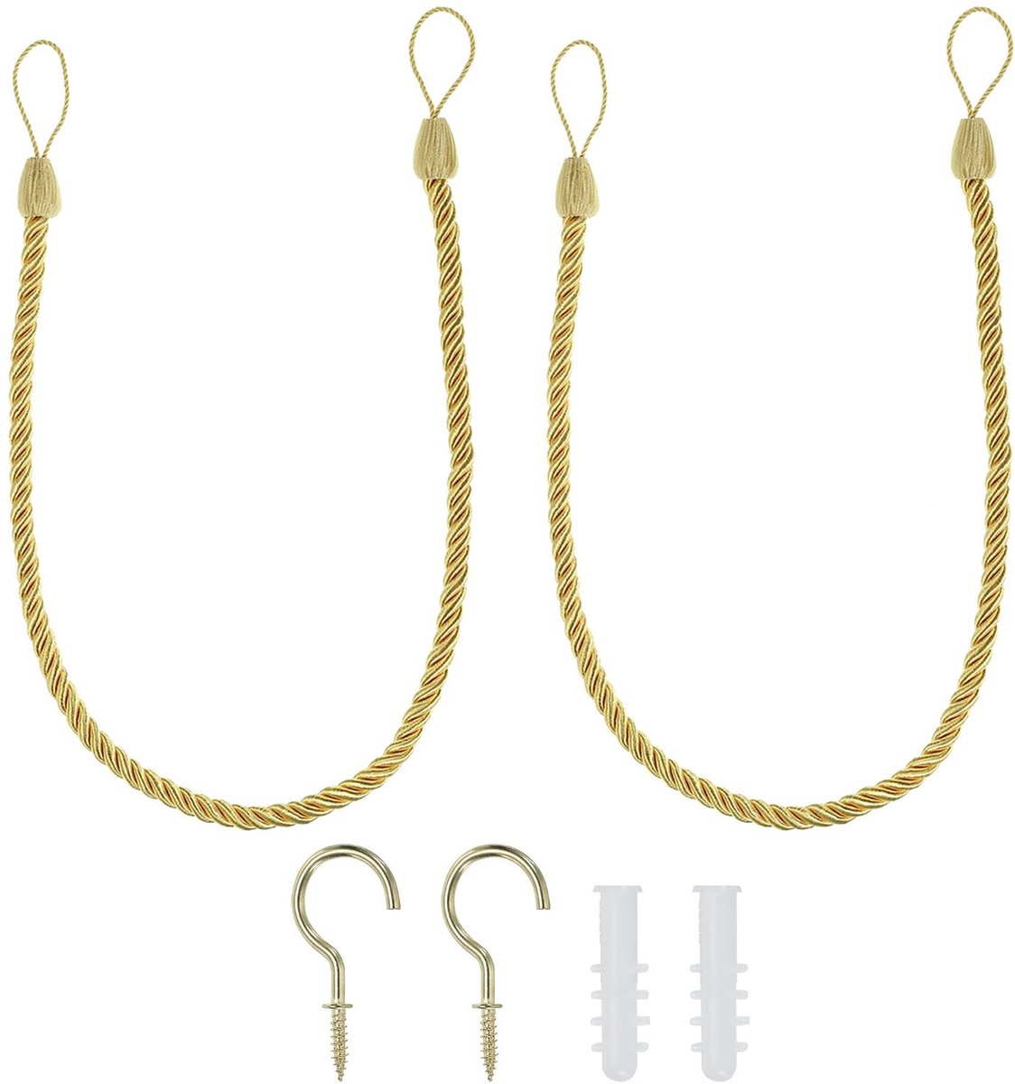 Gordijn Tiebacks Touwen, 2 Pack Decoratieve Tie Backs Gevlochten Gordijn Terughoudkoord voor Thuiskantoor Decor, met Schroefhaken & Bouten, Goud Geel