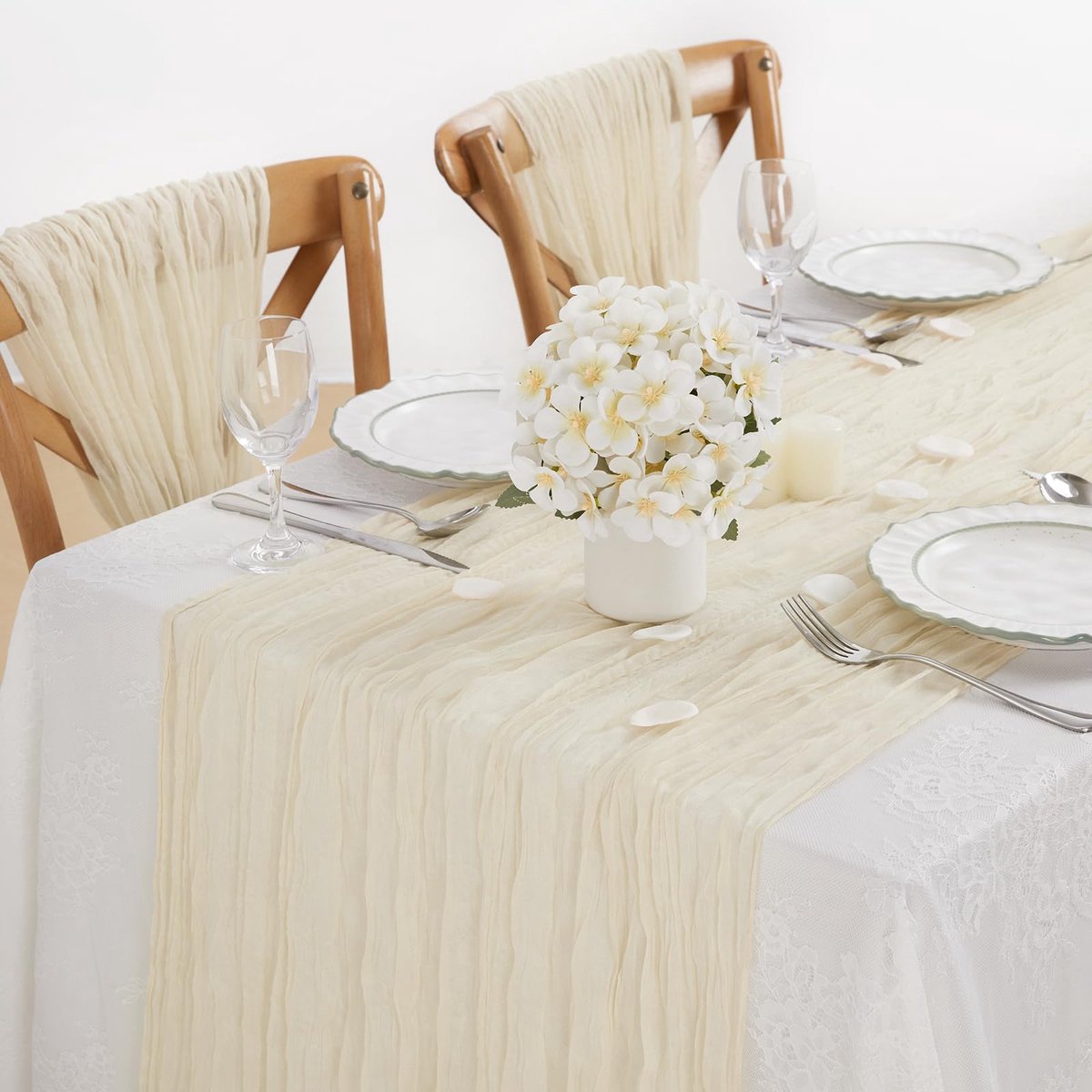 Tafelloper, beige, gaas, kaasdoek, tafelloper, 90 x 300 cm, keuken, decoratieve stof, tafeldecoratie, bruiloft, feest, verjaardag, boho-decoratie, wasbaar, 2 stuks