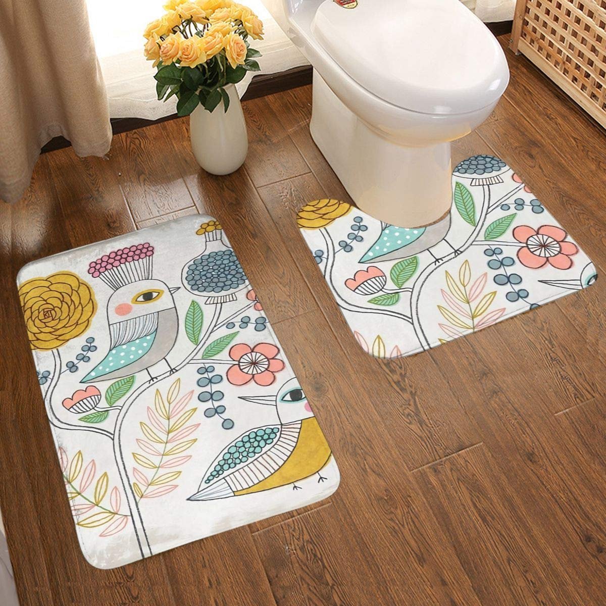 Birds And Flowers 2-delige zachte anti-slip badmat set, textuur fotografie inclusief 80x50cm hoge absorptie wc-bril en 50x40cm microvezel zachte zachte zachte badkamer tapijt, anti-slip mat wasba