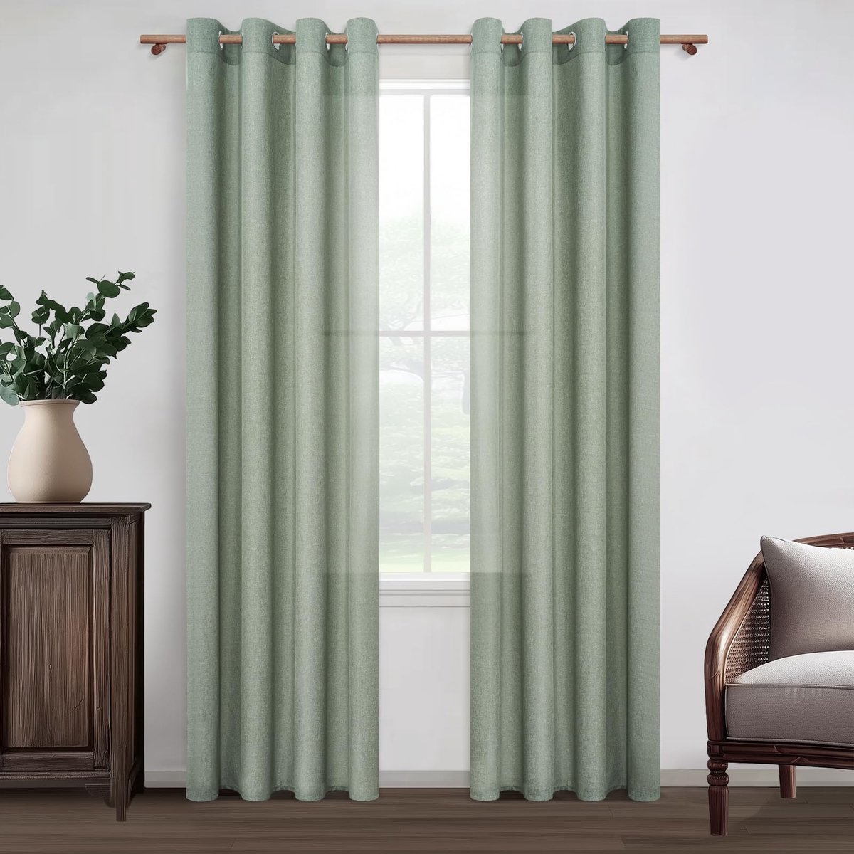Gordijnen met oogjes Salbeigroen Linnenlook Half-transparant voor slaapkamer, set van 2, Gordijnen Sjaal Linnen 240 cm Lang 140 cm Breed, Gordijn Woonkamer Raam Gordijnen Woonkamer