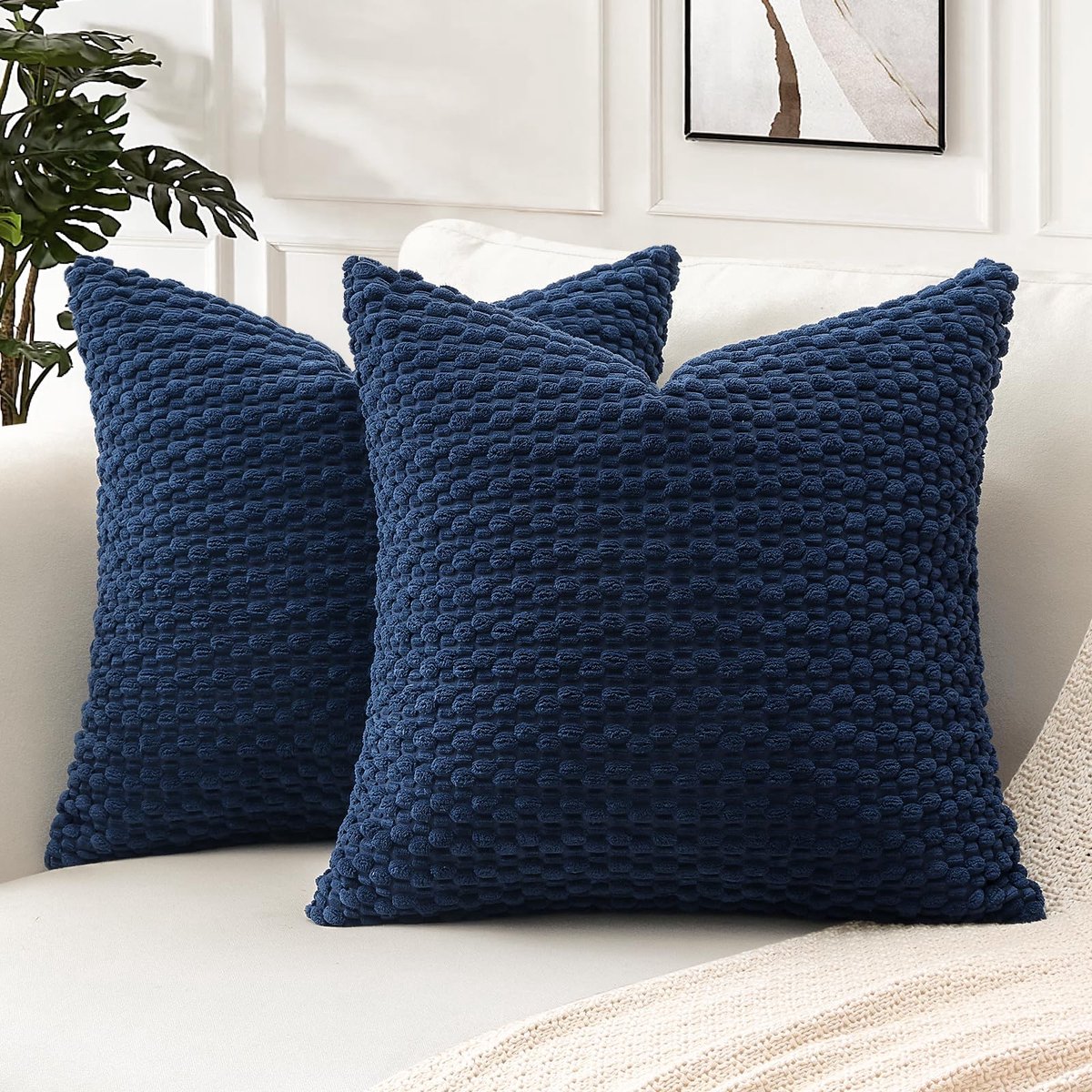 Pom Poms Decoratieve corduroy kussensloop 45x45 cm superzachte bohemien gestreepte vierkante kussensloop geometrisch voor bank, sofa, slaapkamer, autodecoratie 2-delig, marineblauw