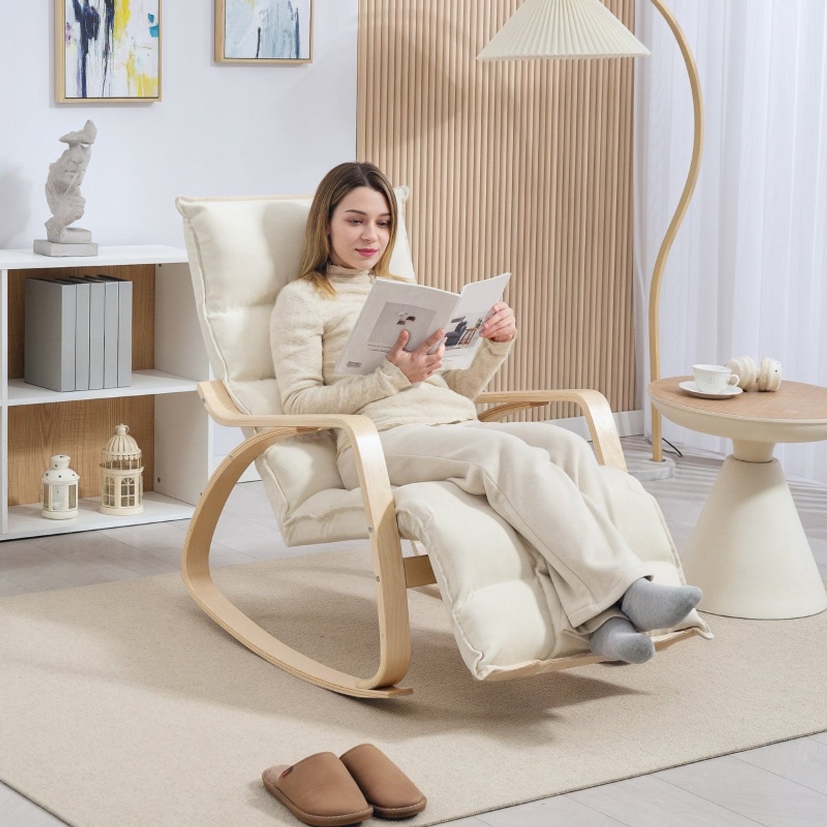 HAUSS SPOLE Fauteuil Schommelstoel Met Verstelbare Voetensteun En Rugleuning, Comfortabele Relaxstoel Voor Woonkamer, Slaapkamer En Balkon, Stof Creme Wit Cream White