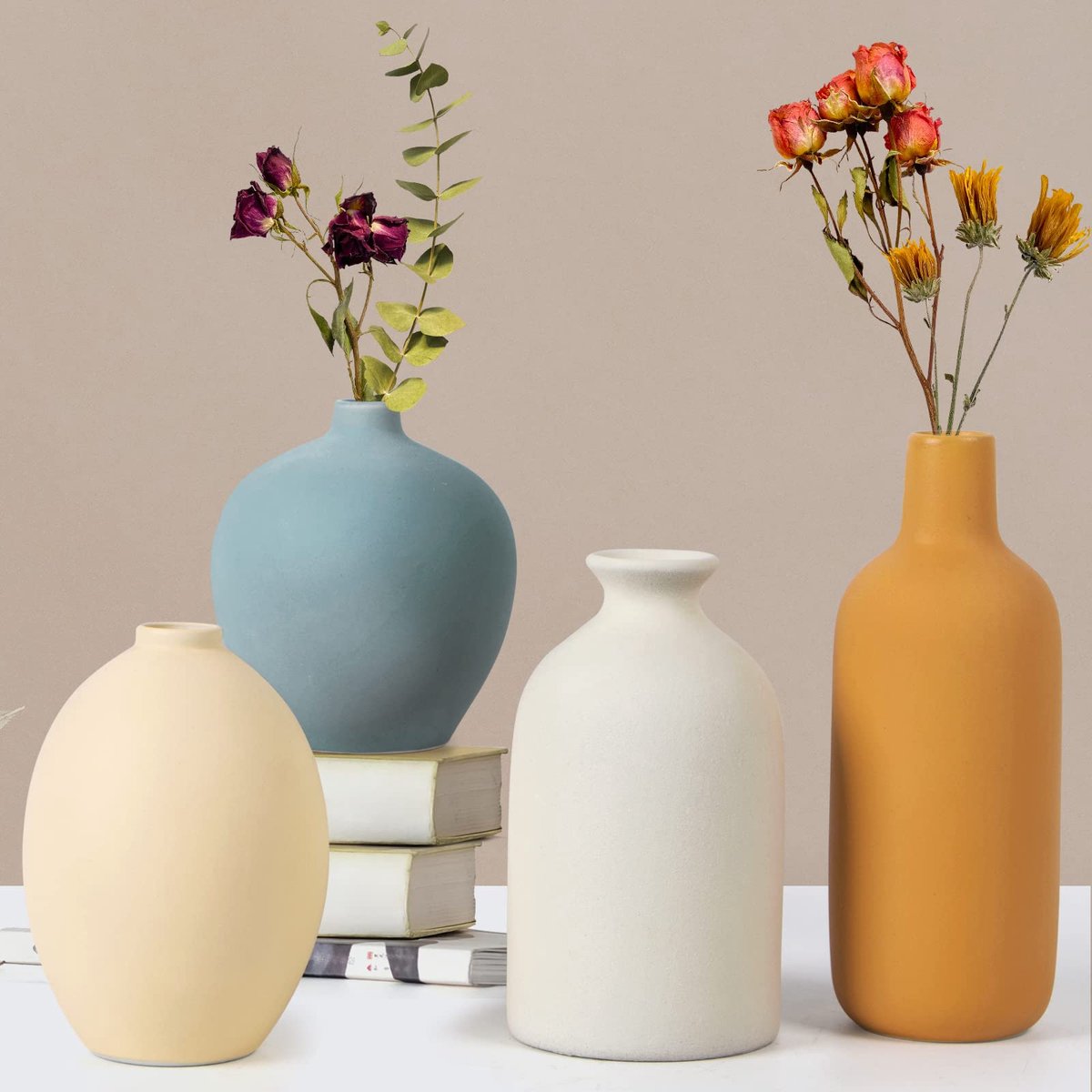 Vaas set van 4, kleine vazen voor gedroogde bloemen en pampasgras, vaas voor woondecoratie, modern boerderijdecor, Morandi kleur keramiek decoratie voor tafelstukken
