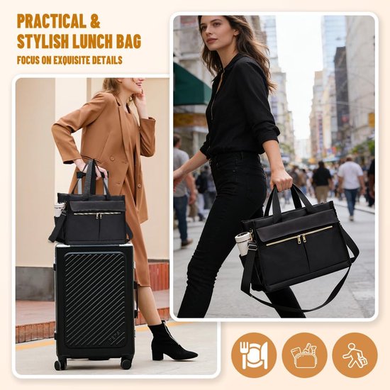 Lunchtas voor dames, 15,6 inch laptoptas met geïsoleerd lunchvak, 2-in-1 zakelijke tas met koelvak, waterdichte werktas voor kantoor, school, leraar, cadeau (zwart) — afbeelding 3