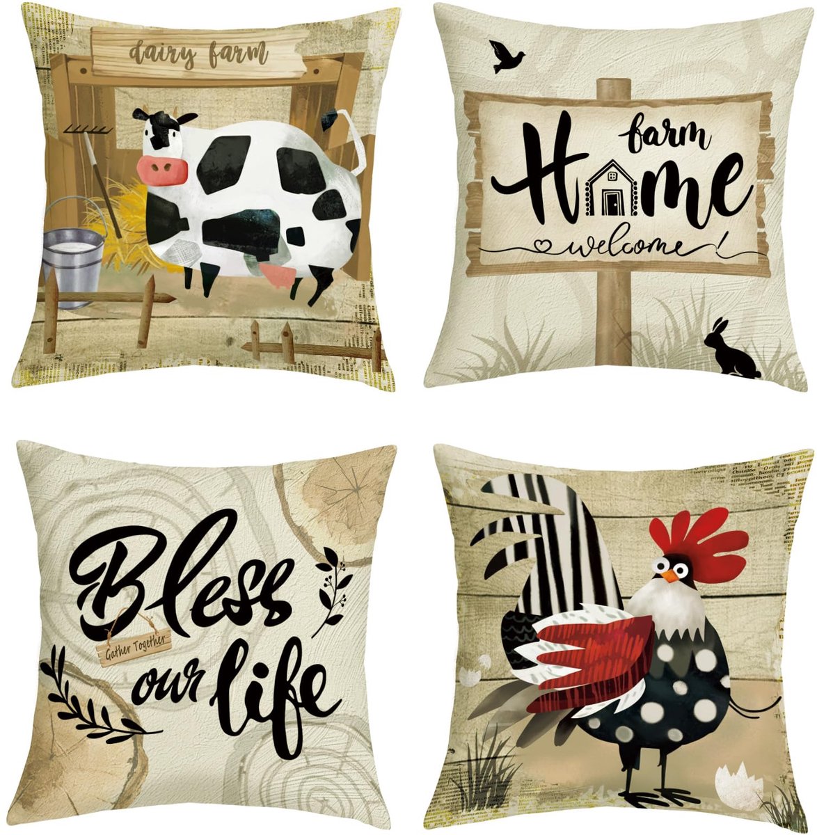 45 x 45 cm, set van 4, boerderijdieren, koe, decoratieve kussensloop, kip, kalkoen, os, decoratieve kussenhoes voor bank, slaapkamer, woonkamer