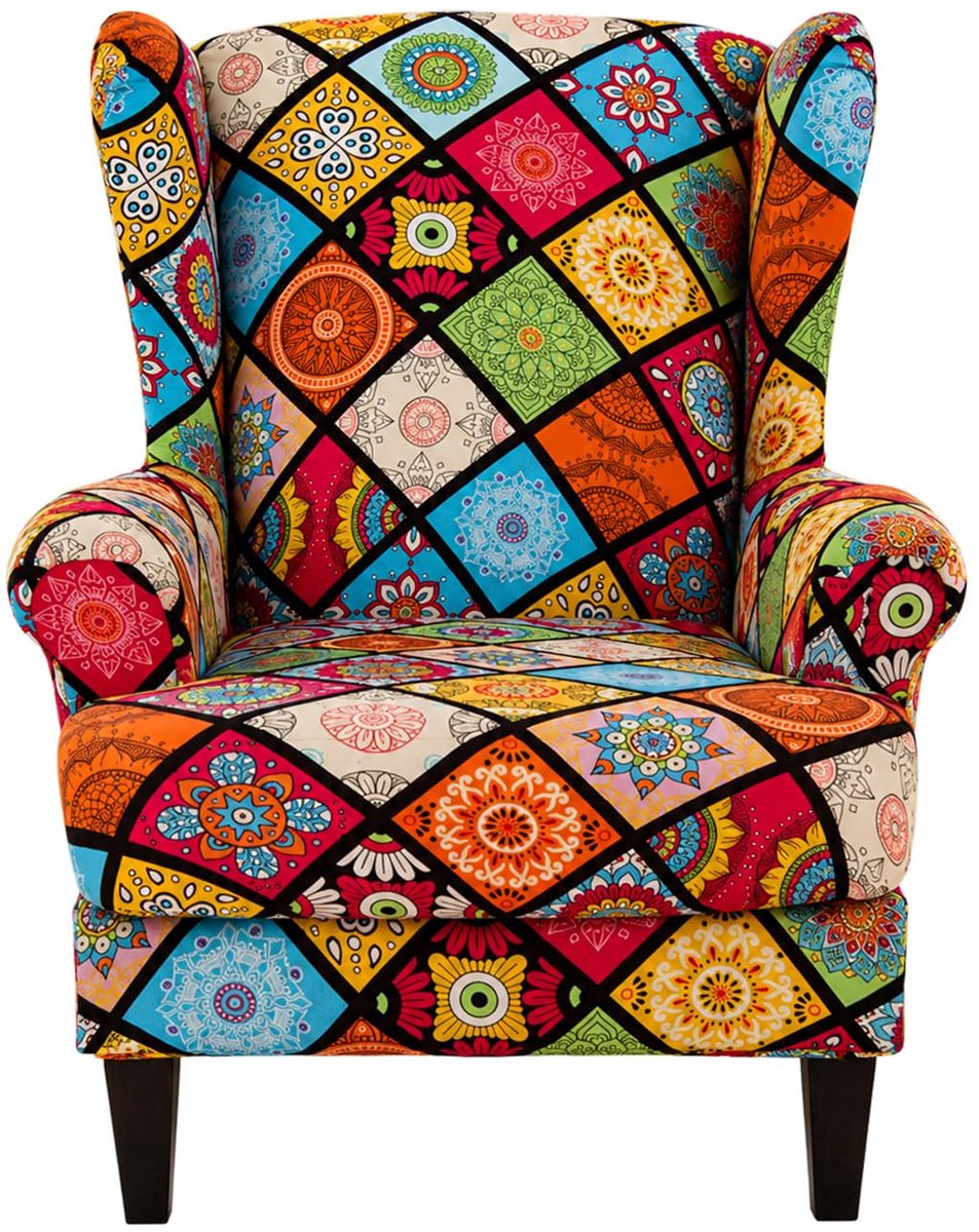 Fauteuilhoes, stoelhoezen voor vleugelfauteuil, stoelbekleding, elastische stretch tijger stoelbekleding met armleuning, hoge rugleuning, universeel (Mandala)