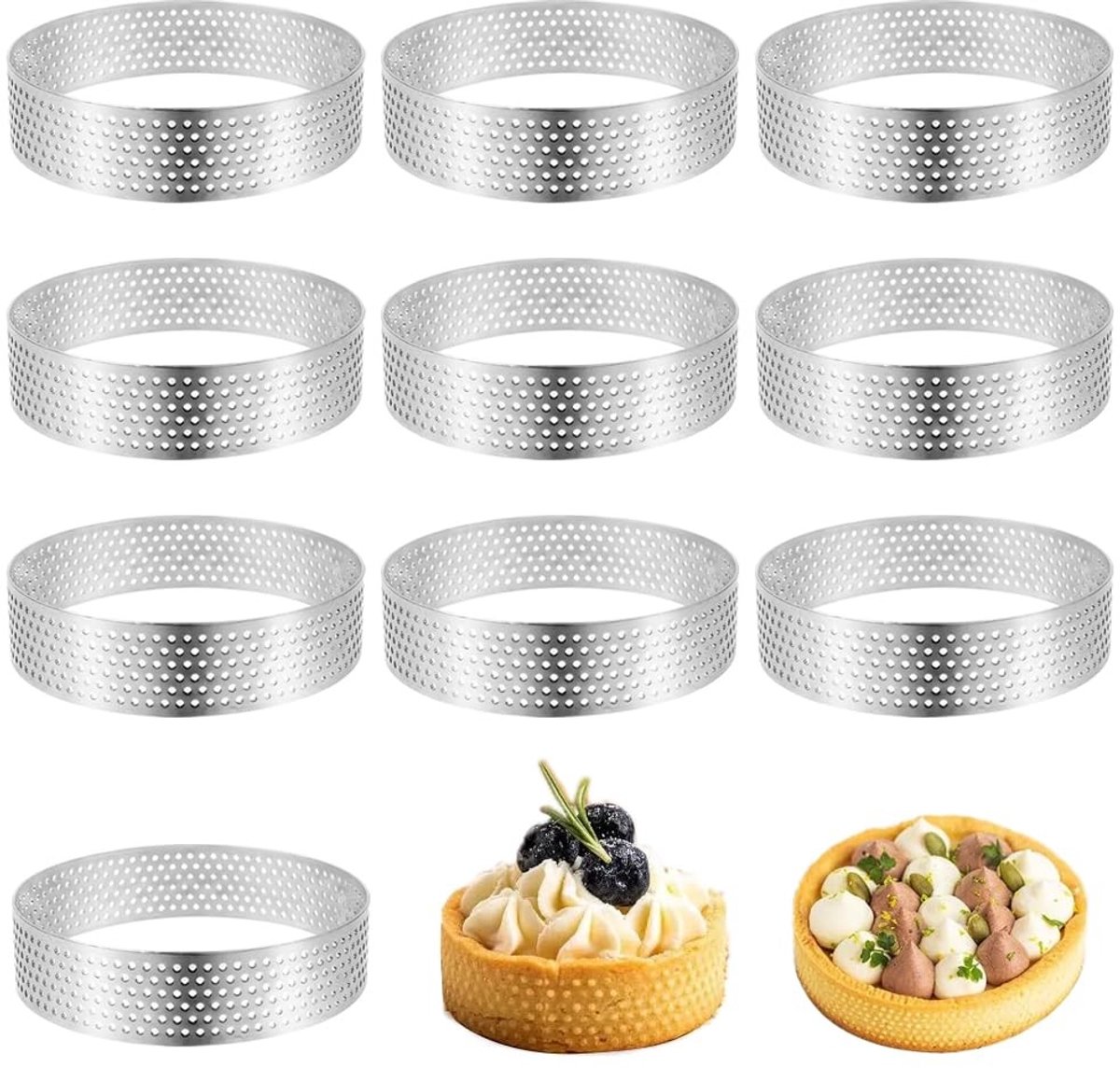 Dailygoods- Tartelette Vormpjes 10 Stuks - Geperforeerde Dessertringen - Roestvrij Staal - 8 cm Diameter - 2 cm Hoog - Duurzaam en Temperatuurbestendig - Bakvorm