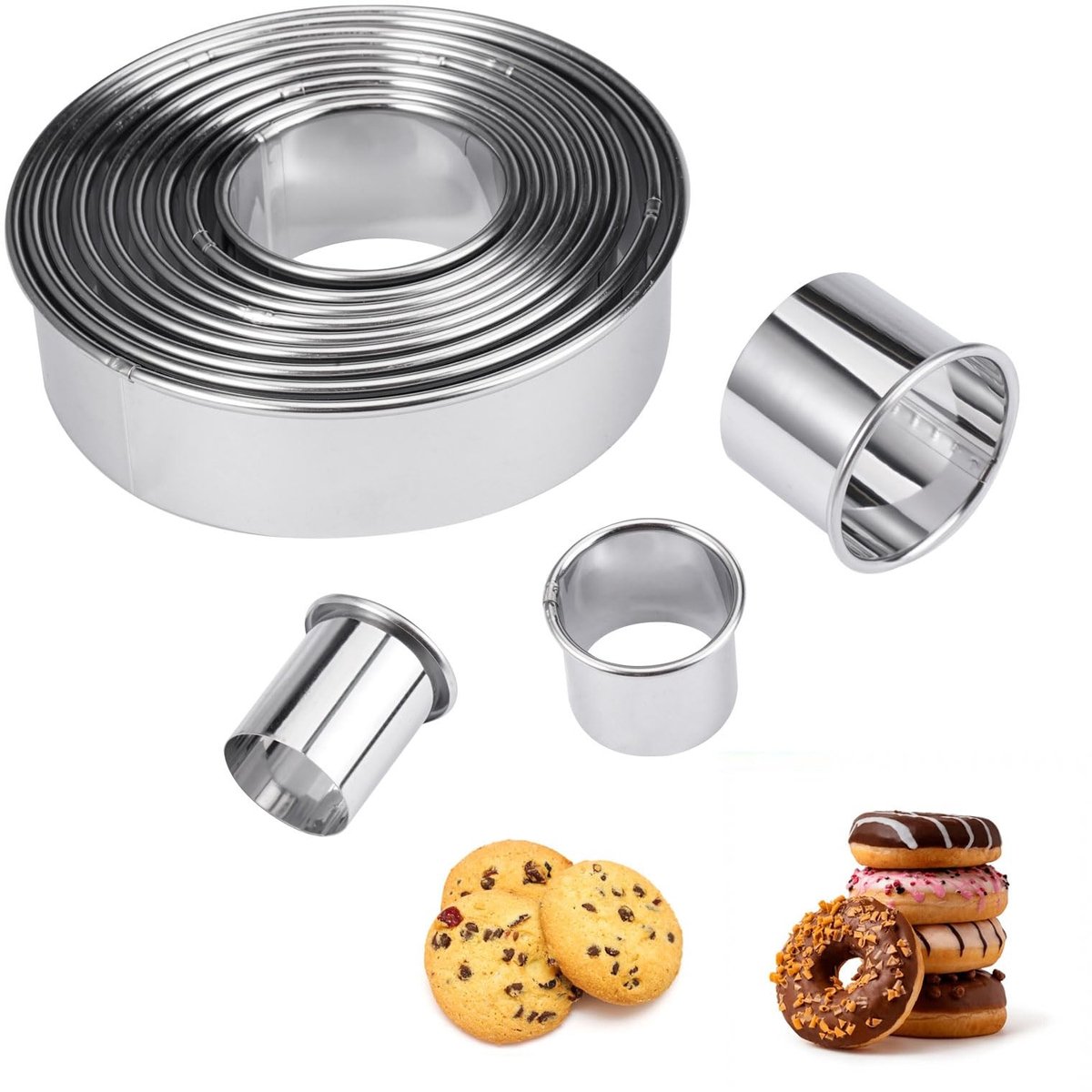 Dailygoods- Uitsteekvormpjes 12 Stuks - Ronde Koekjesvormen - Roestvrij Staal - Hoogte 3 cm - Diameter 2,4-11,2 cm - Duurzaam en Voedselveilig - Koekjesvorm