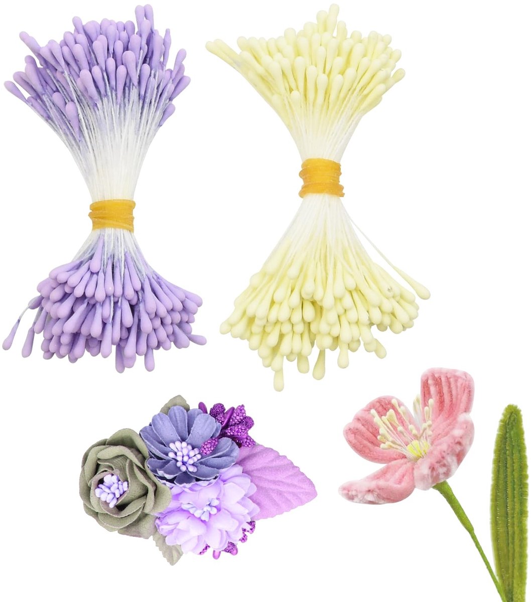 Dailygoods - Kunstbloemen meeldraden, 350 stuks bloemen pijpjesreiniger, dubbele koppen meeldraden, bloemen meeldraden voor knutselprojecten, boeketruik-accessoires voor DIY-huwelijk (paars+geel)